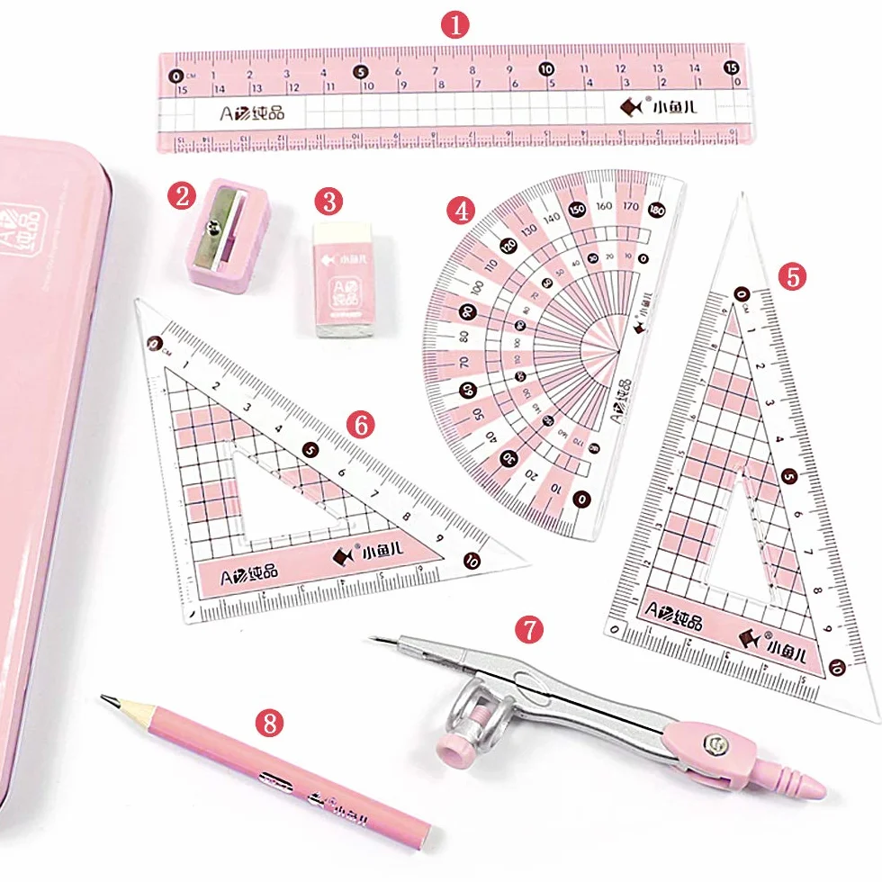 Escuadra y Cartabón 8 Piezas Compás Escolar Metal Durable Transportador Brújula Regla para Estudiantes Matemáticas Rosado
