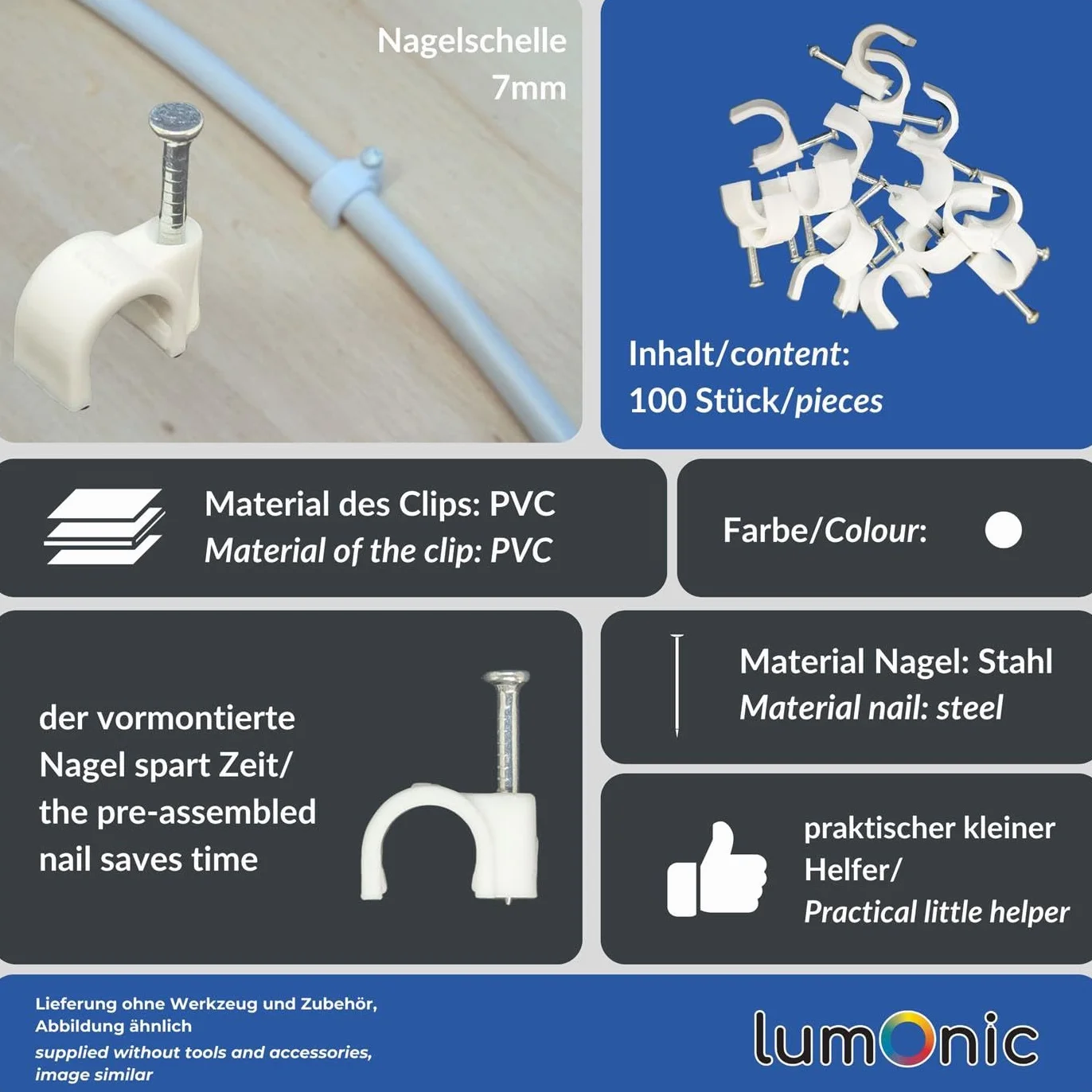 Lumonic 100x abrazadera de clavo 7mm para cable blanco - abrazadera de cable con clavo 18mm p.ej. para montaje en pared - abrazaderas de cable diferentes tamaños 4-14mm