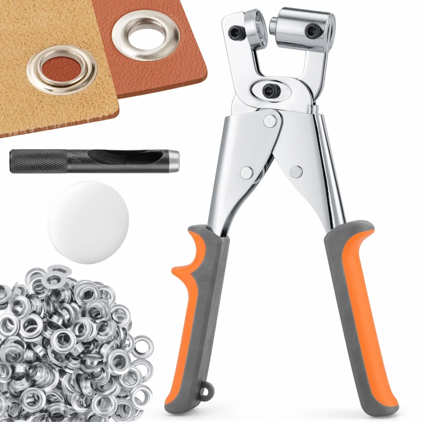 Ecraft Kit de herramientas de alicates para ojales: ojal de 3/8 pulgadas (10 mm) con 500 ojales plateados, kit de alicates perforadores de mano, juego de alicates perforadores de ojales, máquina para