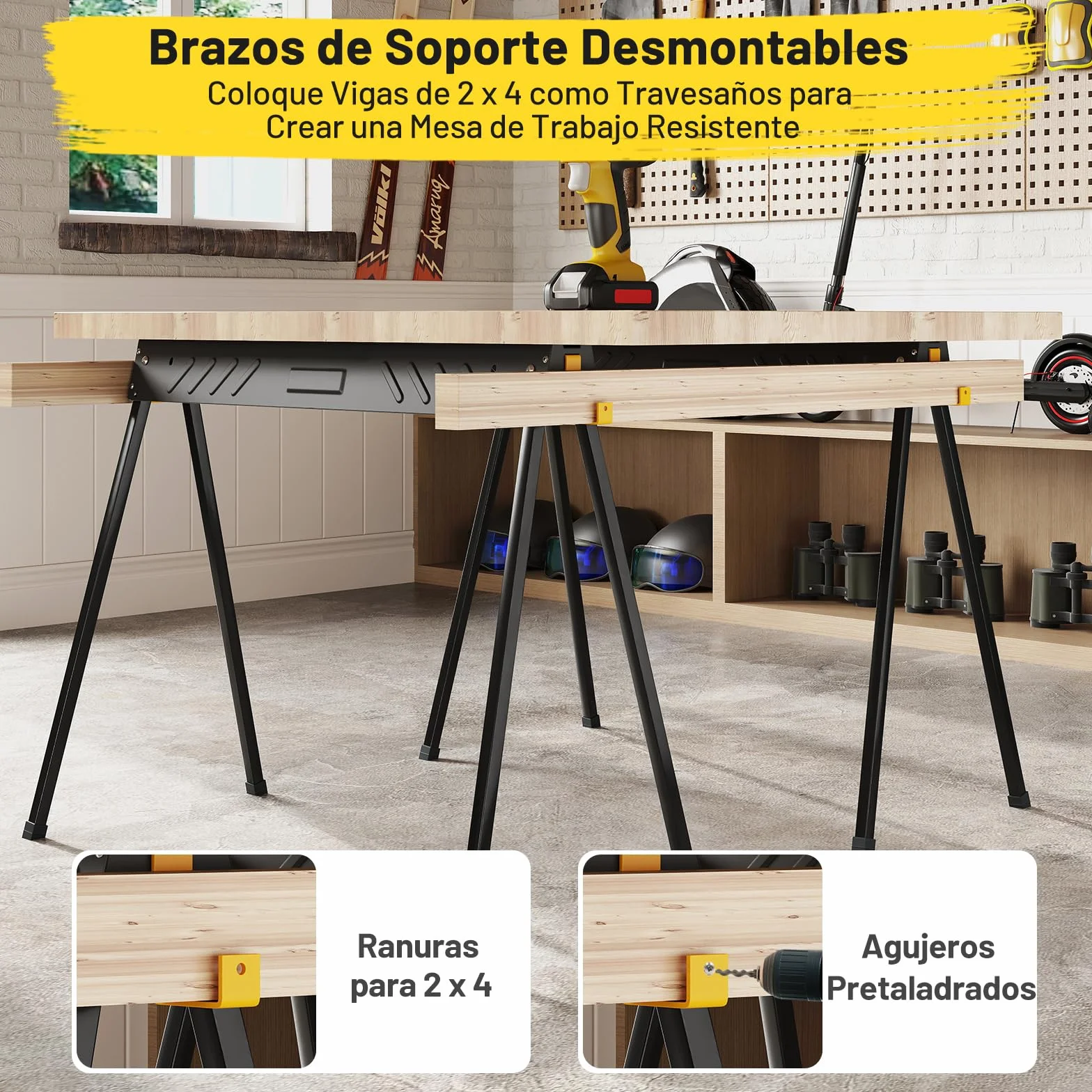 COSTWAY Juego de 2 Caballeteas de Sierra con Patas Plegables, Caballete Metálico de Trabajo con Asa y Brazos de Soporte, Borriquetas para Contratistas Carpinteros, Carga 500 kg, Negro