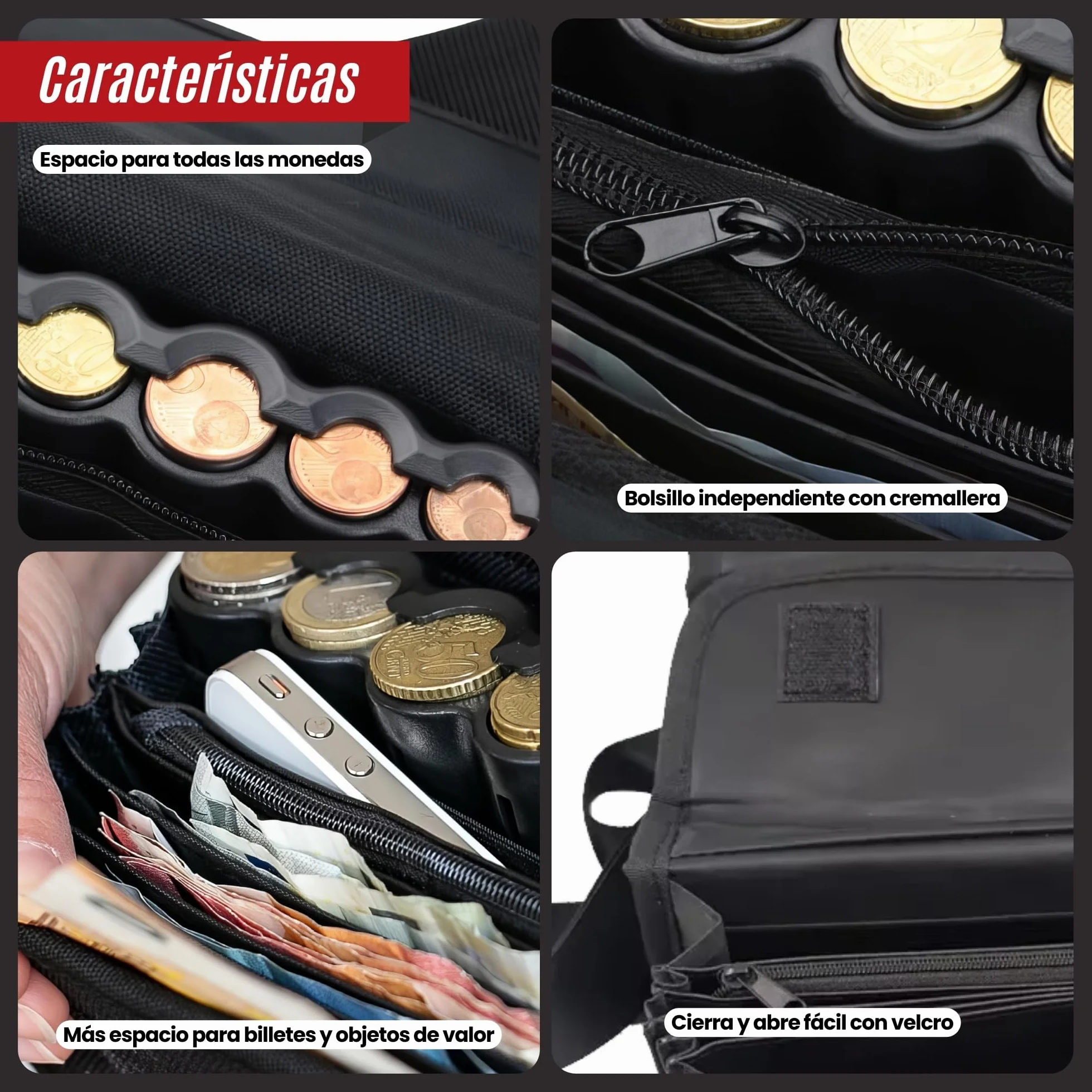 Cartera Dispensador de Monedas y Billetes con Bolígrafo Detector - Riñonera Camarero para Taxi, Vendedores (Negro)
