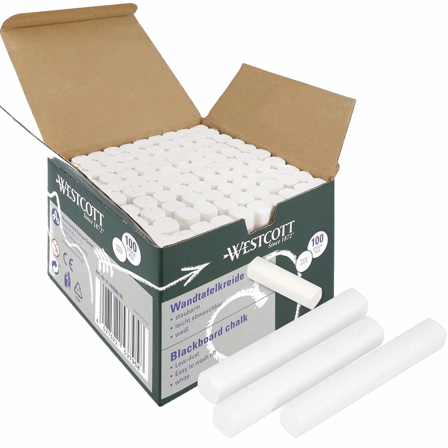 Westcott Tiza blanca 100 unidades 1,2 cm ⌀ 8,5 cm para pizarra sin polvo