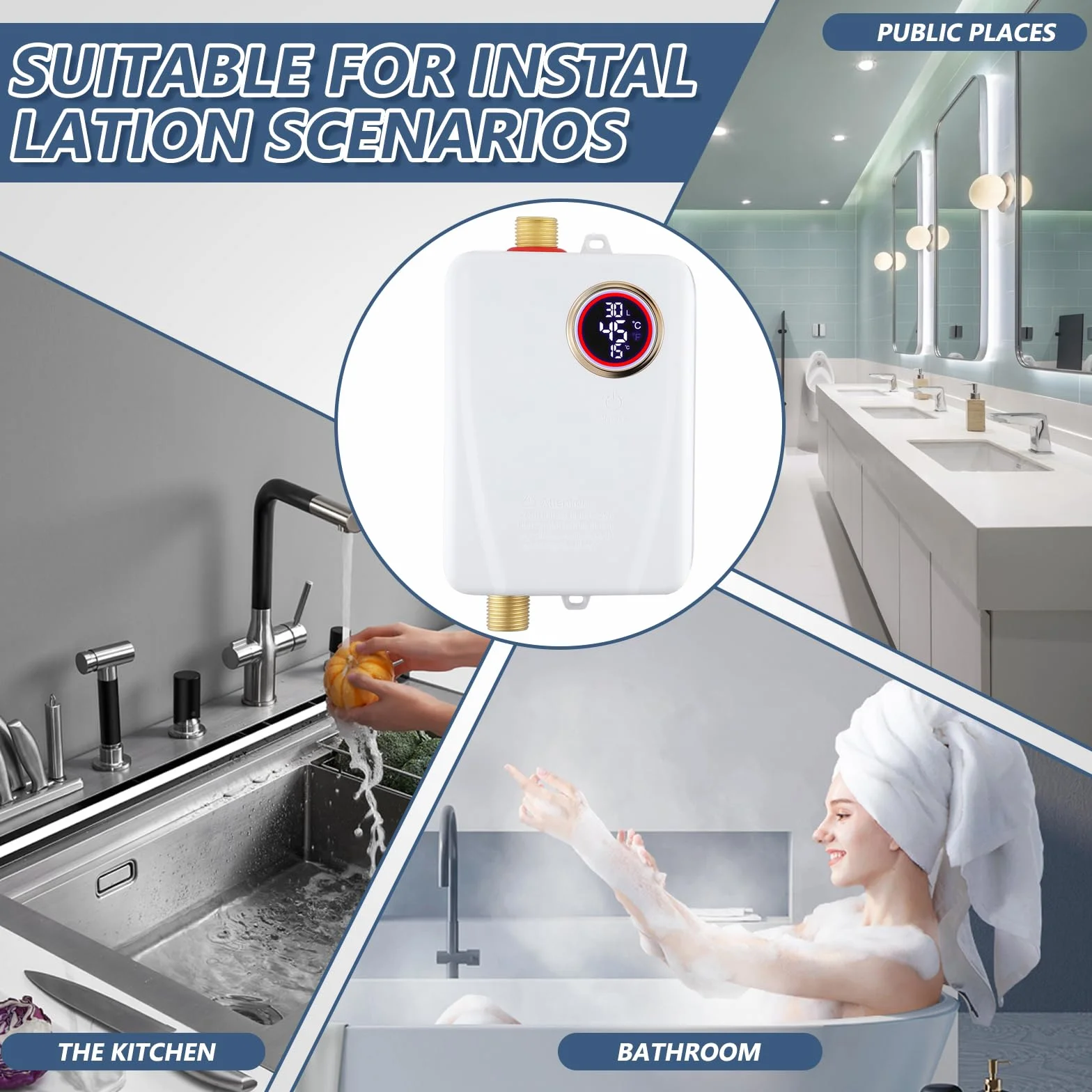 Mini calentador de agua instantáneo de 3500 W, calentador electrónico bajo fregadero con pantalla LED de temperatura. Calentador de agua instantáneo con control electrónico. compacta bajo fregadero