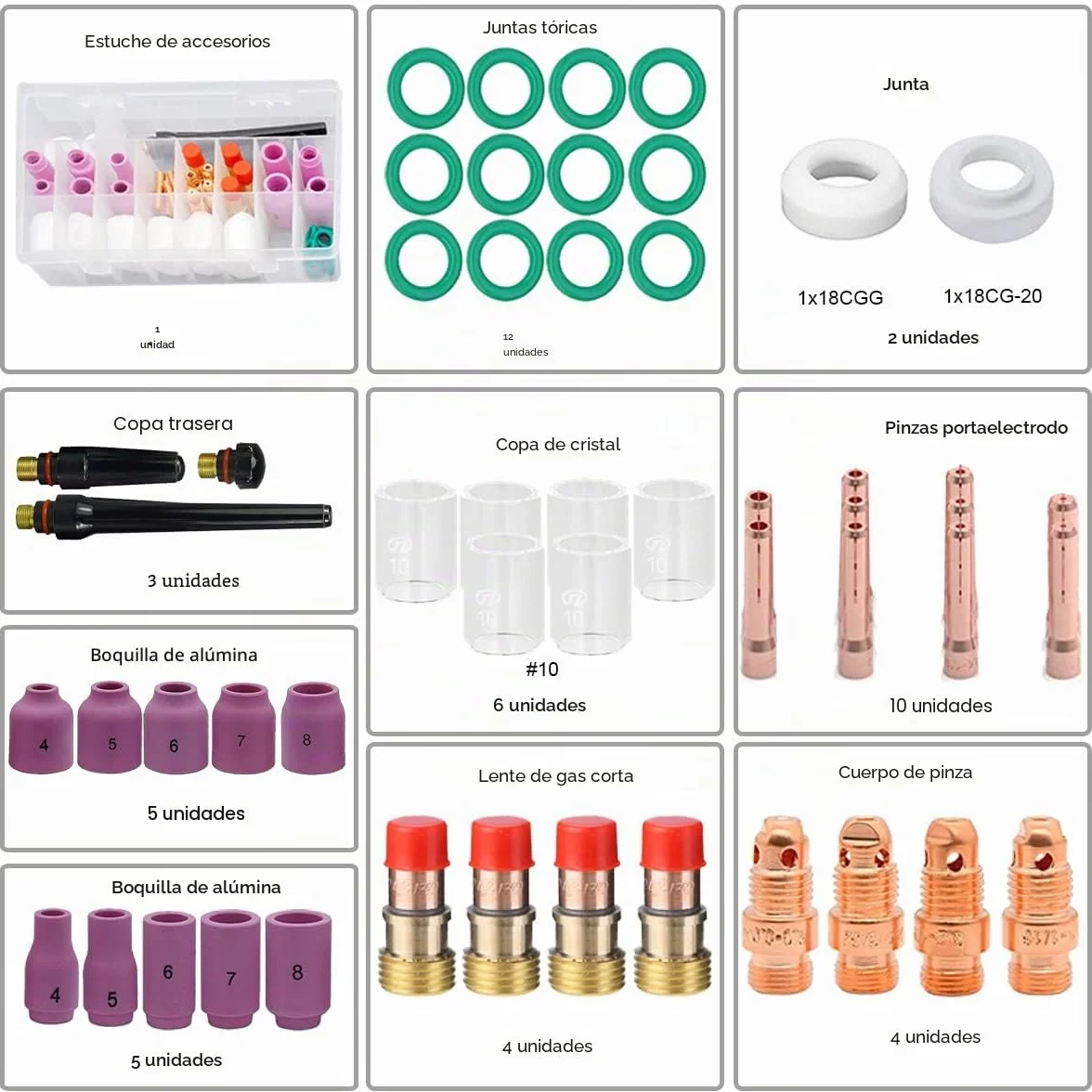51 Uds antorcha de Soldadura para TIG Lente de Gas rechoncho # 10 Kit de Copa de Vidrio, Boquilla de alúmina 10 Uds para WP-17/18/26