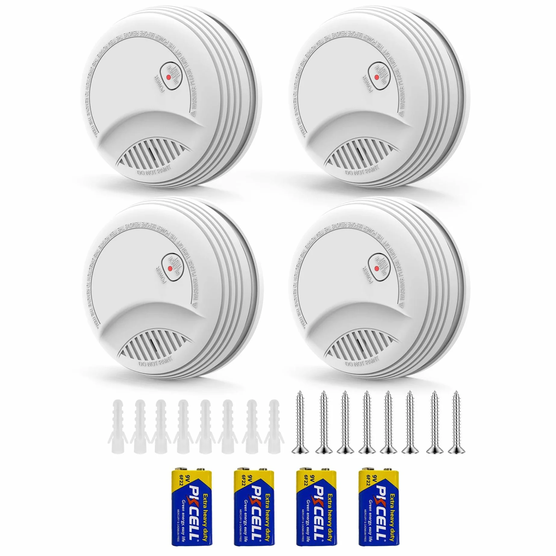 Pack de 4 Detectores de Humo para Casa EN14604 – 85 dB, Pila 9V Reemplazable Incluida, Aviso de Batería Baja, Sin Falsas Alarmas, Función Test y Silencio (4 Piezas)