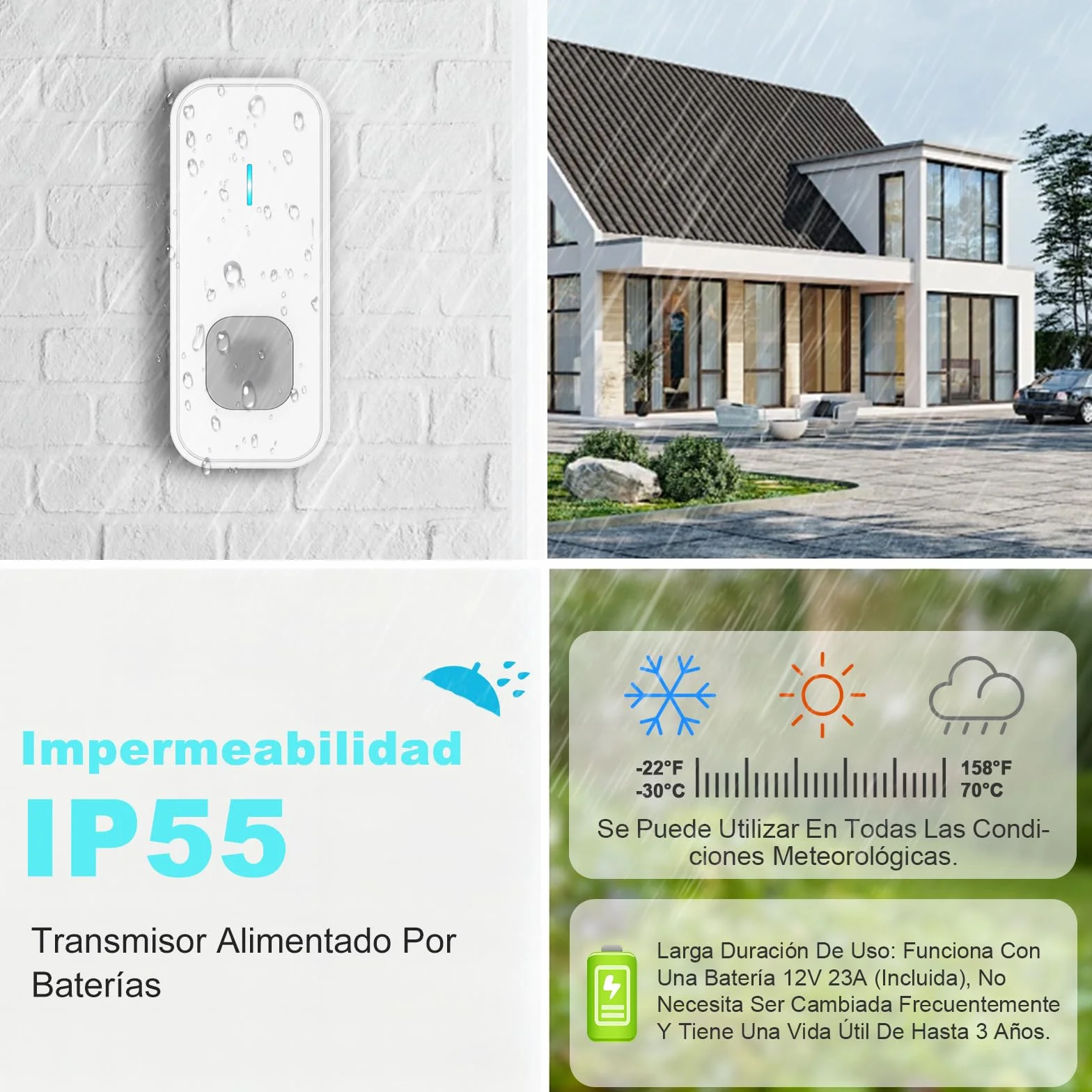 AIMAX Timbre Inalámbrico con 1 Emisor y 1 Receptor, Alcance de 400 m, IP55 Impermeable, 5 Niveles de Volumen / 55 Melodías, Apto para Interior y Exterior, Blanco
