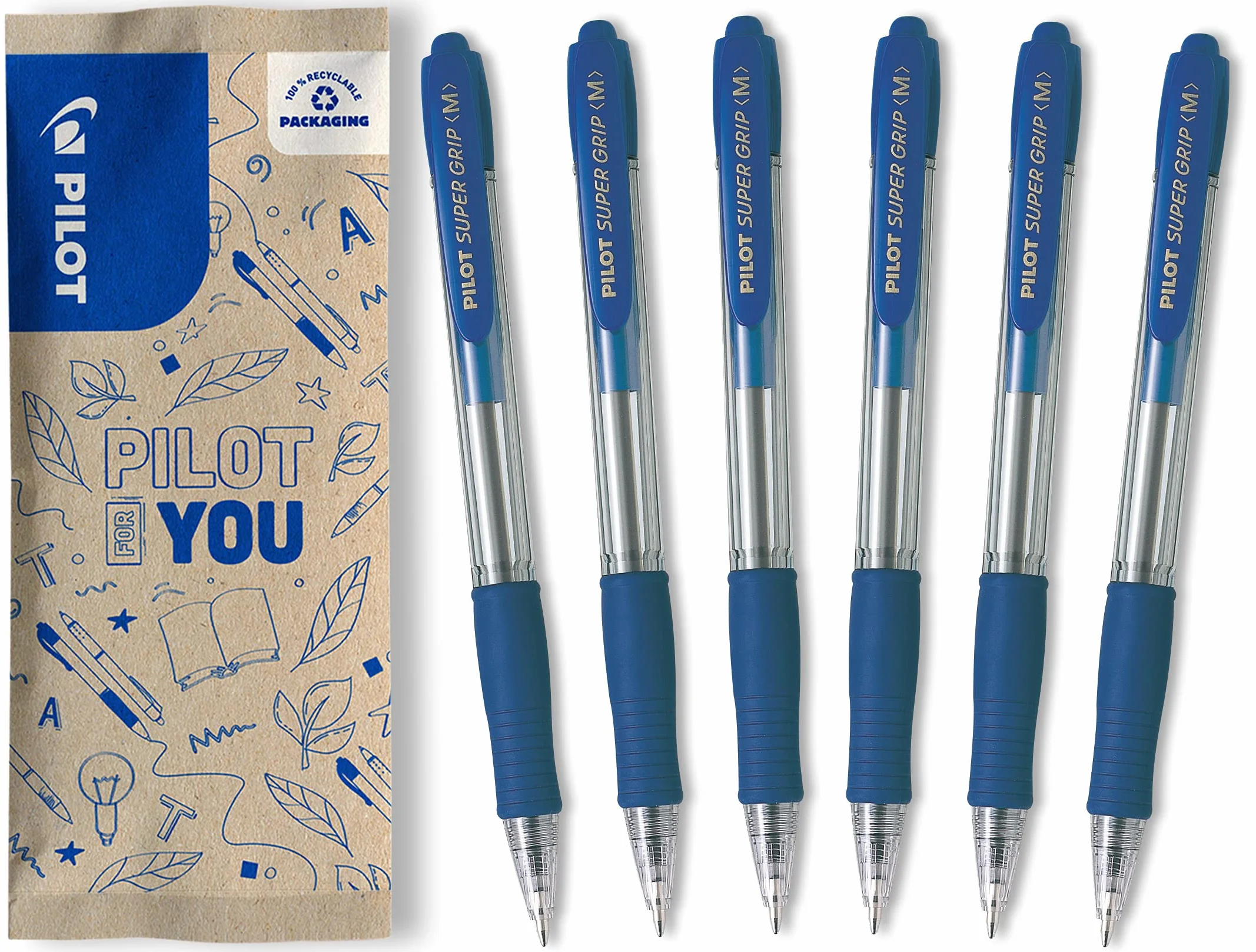 PILOT Super Grip Bolígrafos Recargables Retráctiles Azul Punta Media Caja de 6