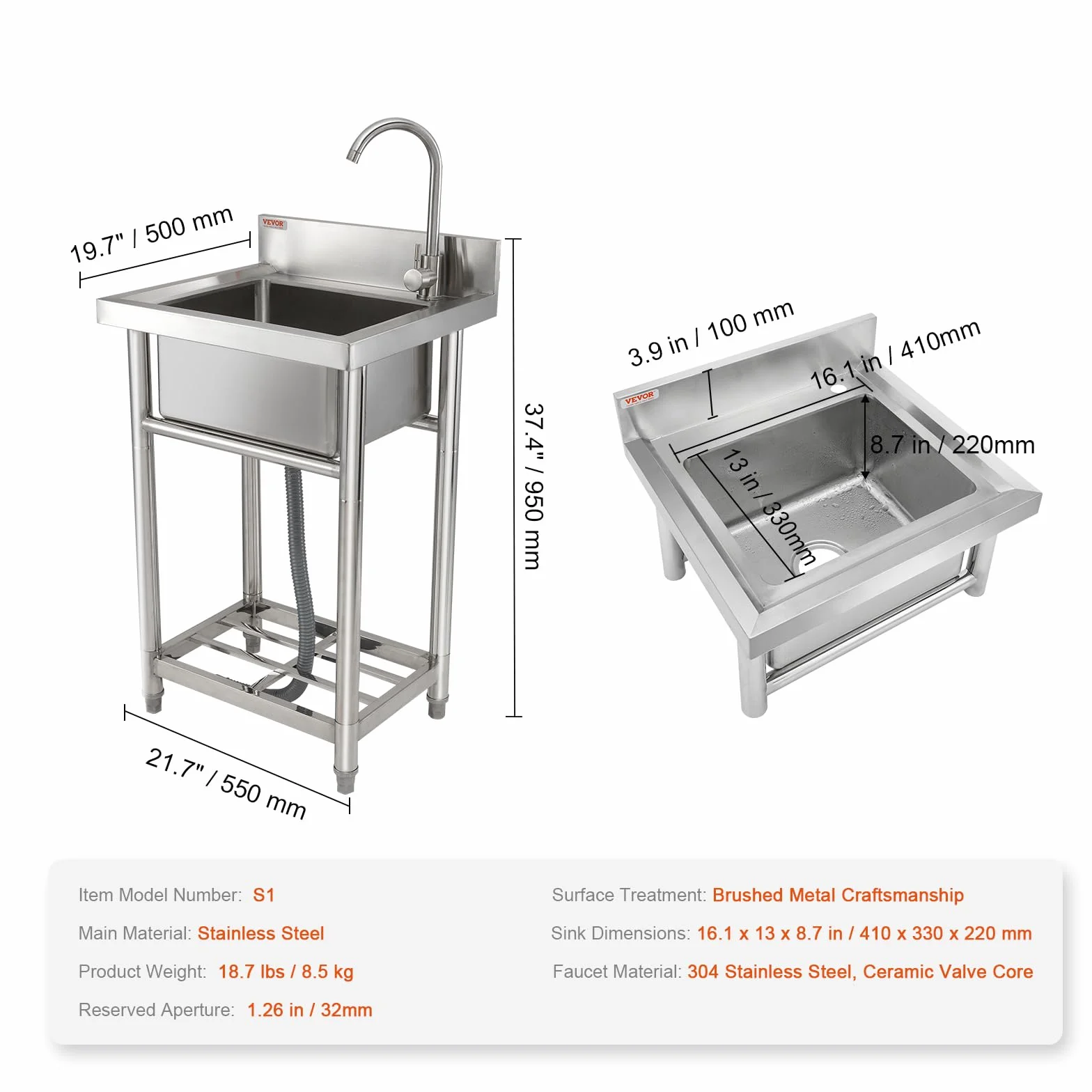 VEVOR Fregadero Utilitario de Acero Inoxidable, Fregadero Pequeño Independiente de 1 Compartimento que Incluye Grifo y Patas, Fregaderos Comerciales de un solo Tazón de 410 x 330 x 220 mm