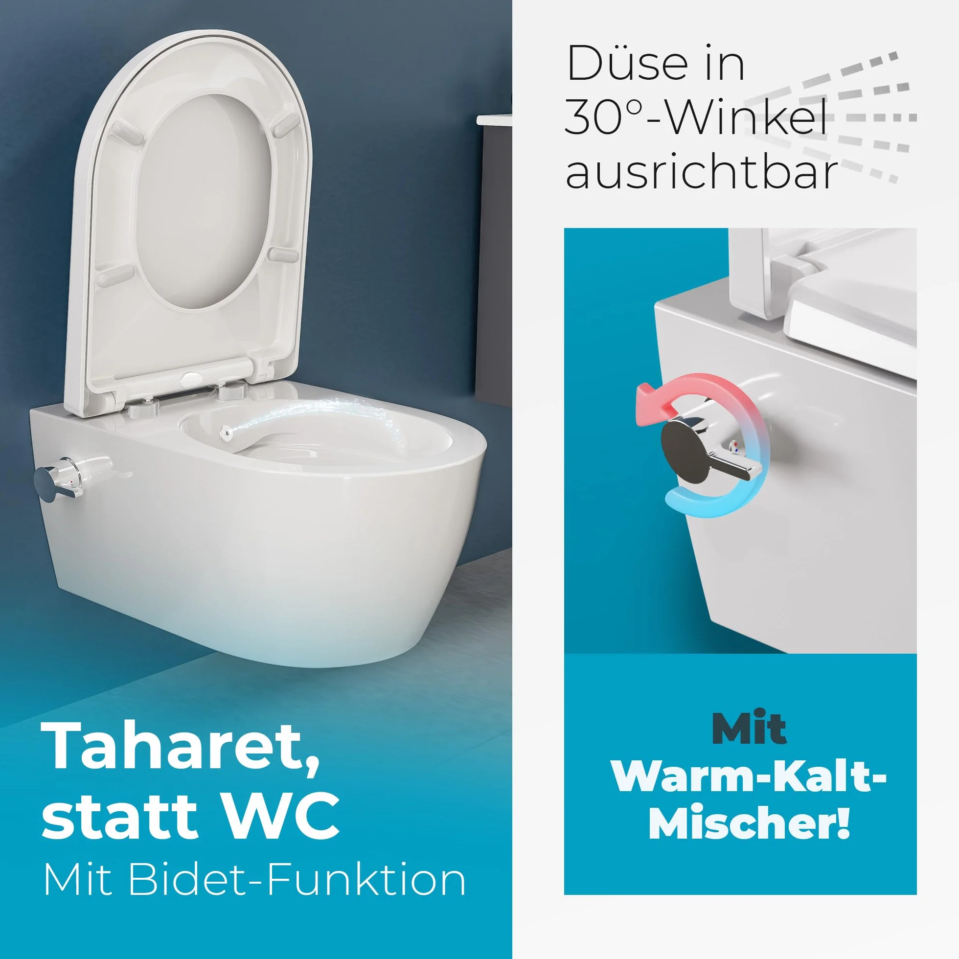 SSWW Taharet - Con Grifos y asiento extraíble Softclose | Ducha para inodoro suspendida | WC con función bidé | Higiénico | Alfa sin borde | 540 x 360 x 330 mm