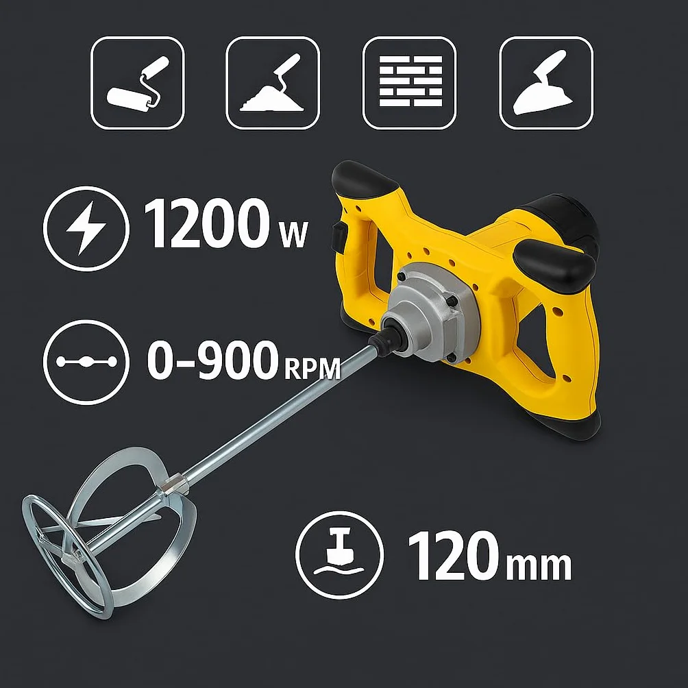 Batidor de Pintura 1200W Profesional, 0–900RPM, Mezclador Eléctrico con Paleta 120mm, para Pintura, Mortero, Cemento, Masilla y Revestimientos, Velocidad Ajustable, Motor Potente y Mango Ergonómico