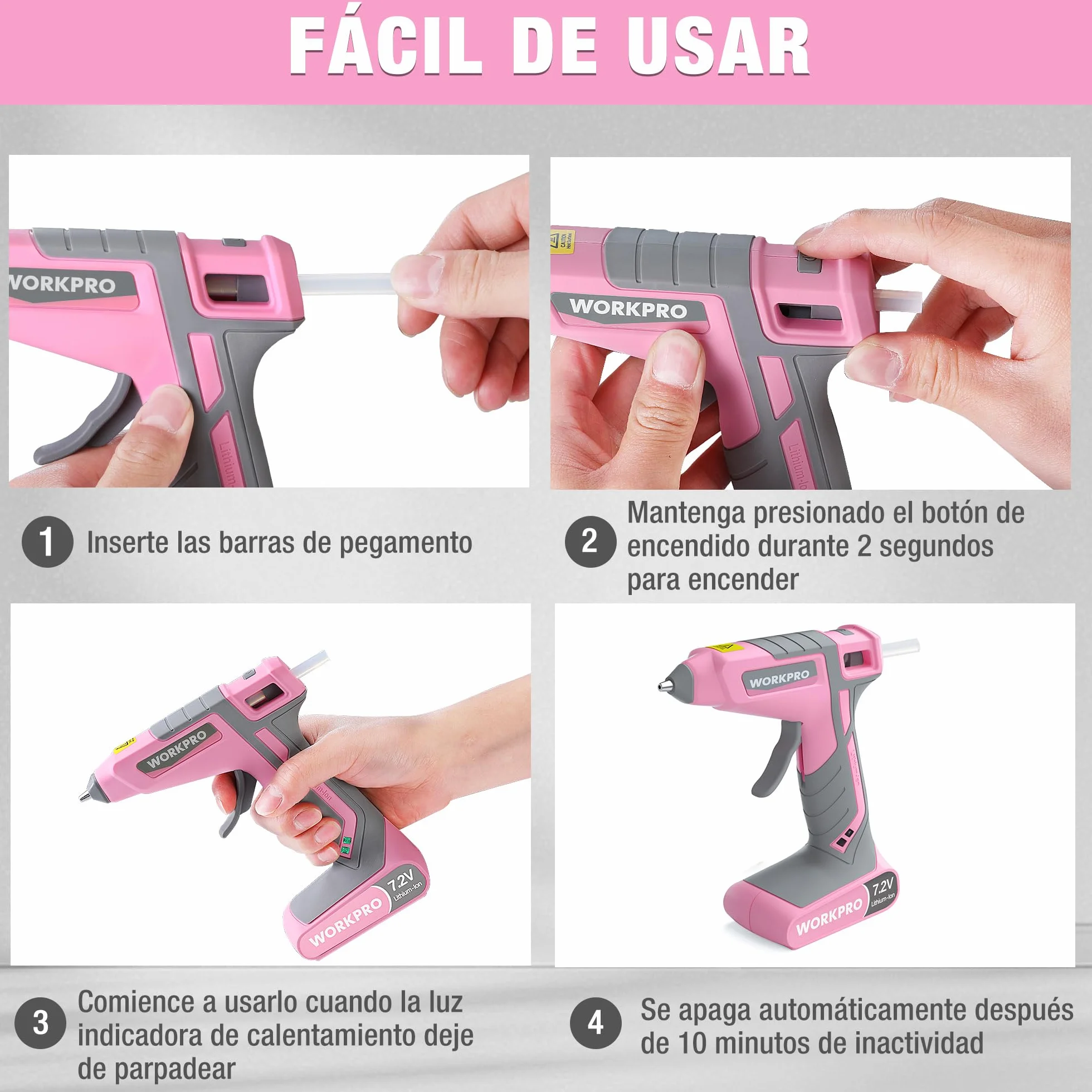 WORKPRO Pistola de Silicona 7,2 V Inalámbrica y con Cable, 20 Barras Incluidas, Calentamiento Rápido 30 s, Flujo Constante de Pegamento, Carga USB-C, para Manualidades y Reparaciones | Calentamiento Rápido en 30s con Flujo Constante para Manualidades, Rep
