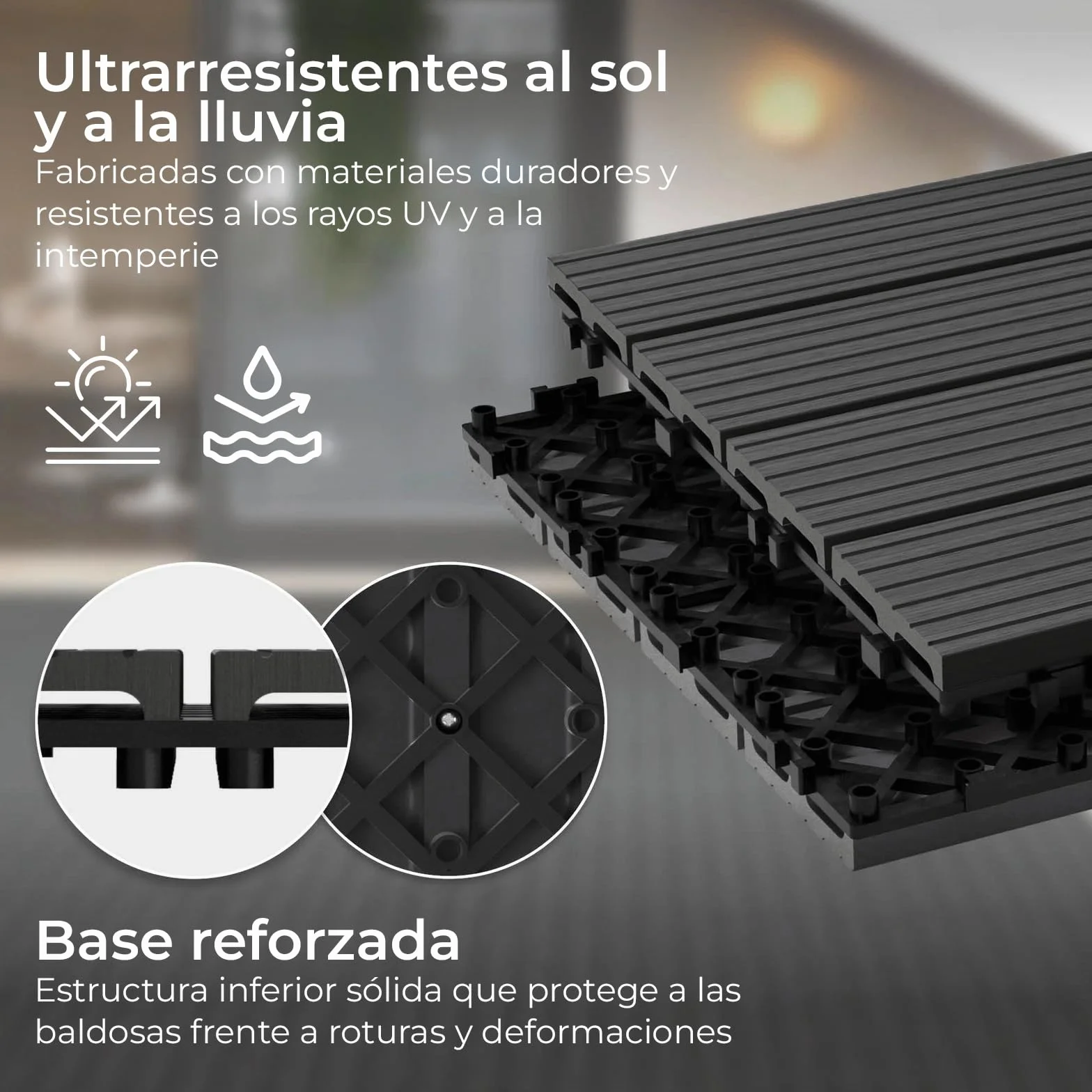 YOEVU - Baldosas de Exterior de Madera Composite WPC | Antideslizantes y Resistentes al Agua | Fácil Instalación | 1.08m² | Set de 6, Patio y Jardín, 30X60cm (Antracita)