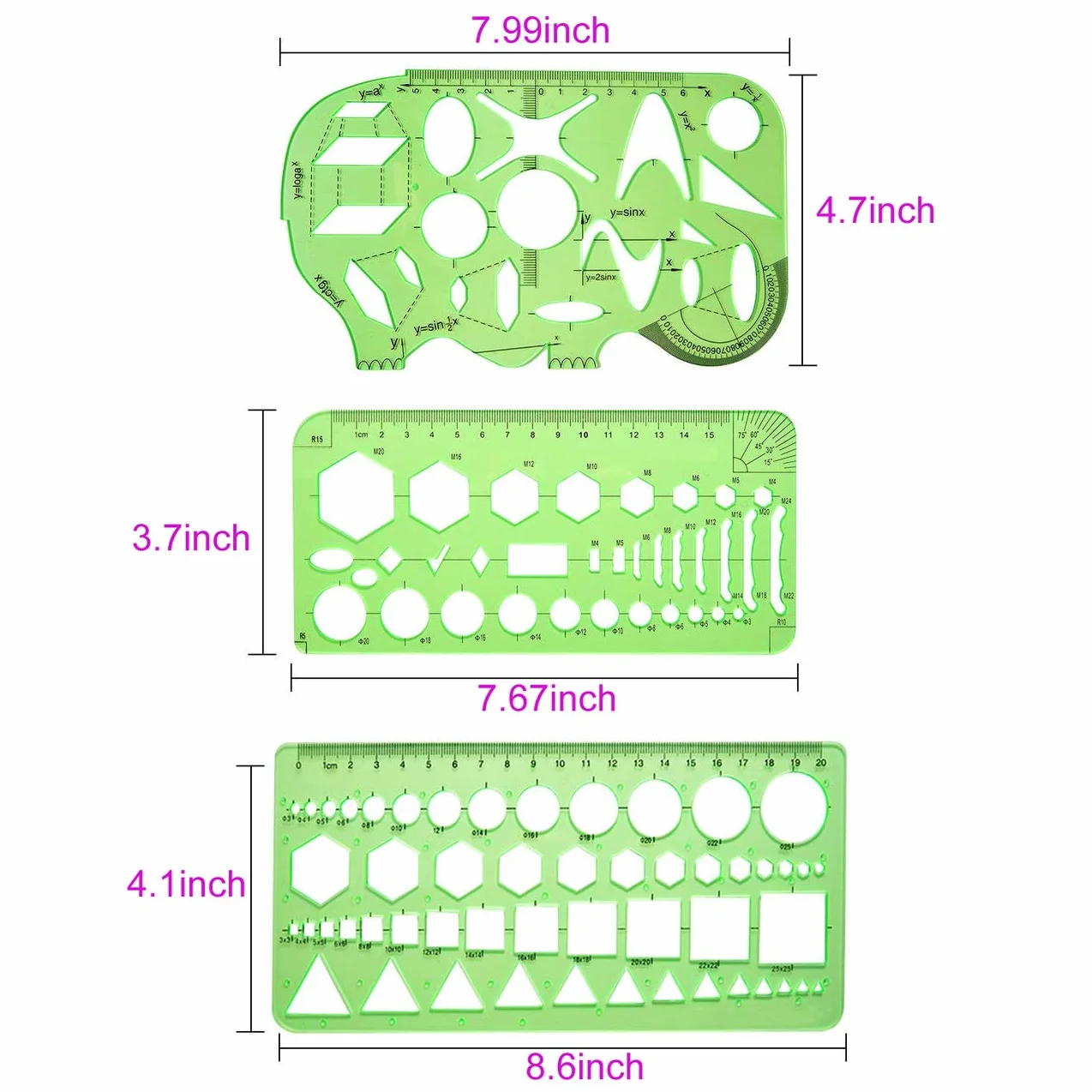 Juego de 9 plantillas de dibujo geométricas, elipses y círculos, reglas de medición verde claro para dibujo digital oficina escuela