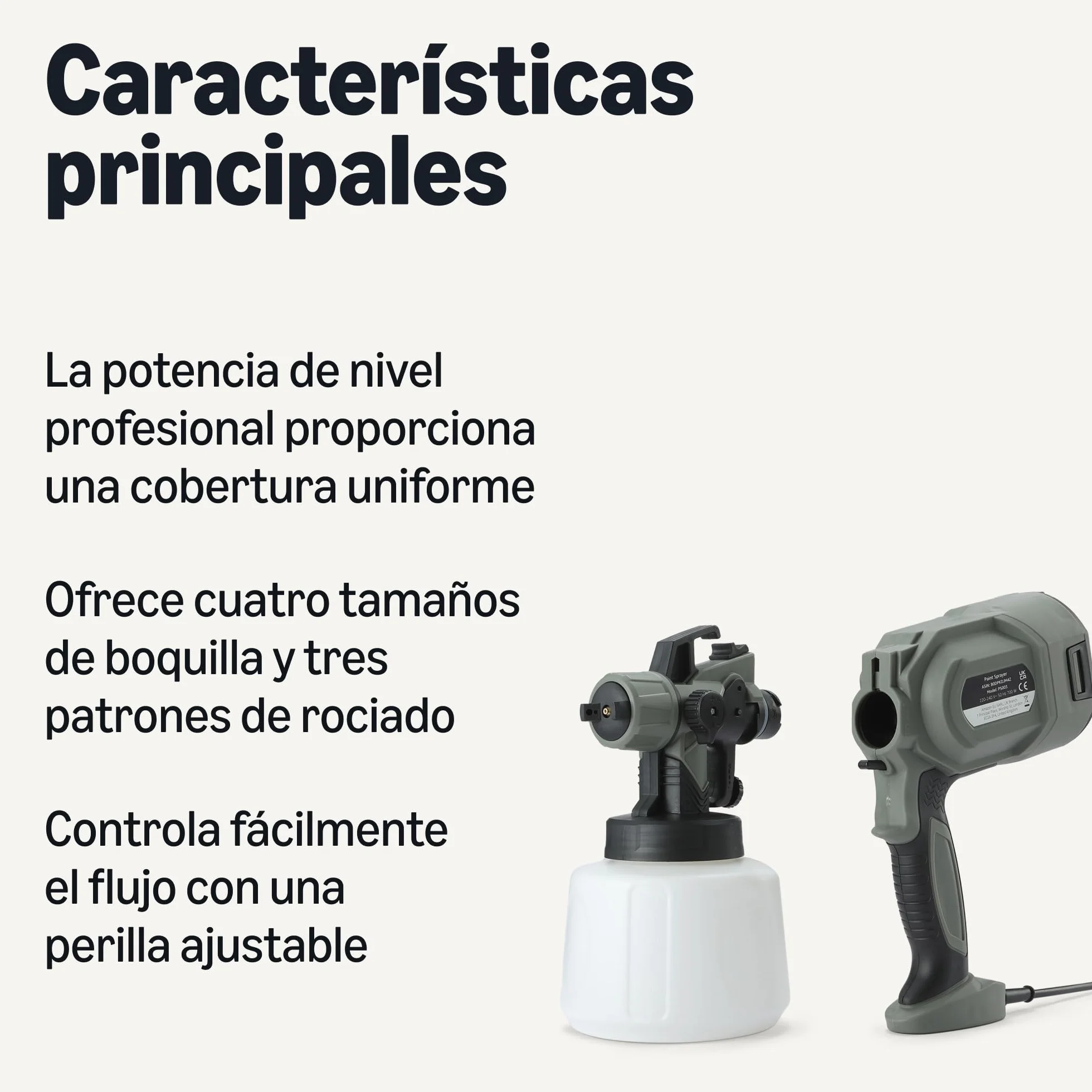 Amazon Basics Pistola Pulverizadora Eléctrica 700W con Depósito de 1.200ml, 4 Boquillas y 3 Modos de Pulverización, para Interior y Exterior, Gris