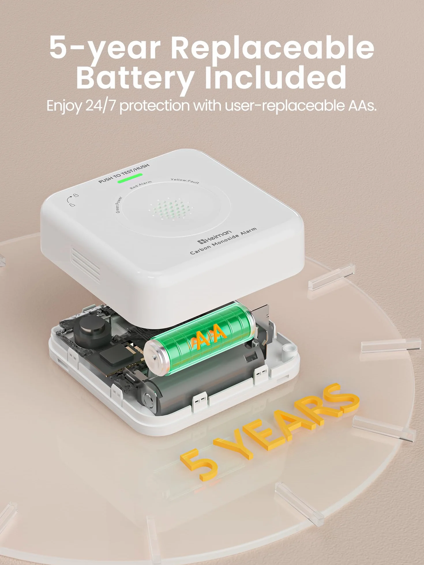 Heiman Detector de Monóxido de Carbono Inteligente Matter (Hub requerido) - Detector CO para SmartThings & Home Assistant, Certificado en 50291, Pilas reemplazables, Sensor de 10 años, 85dB