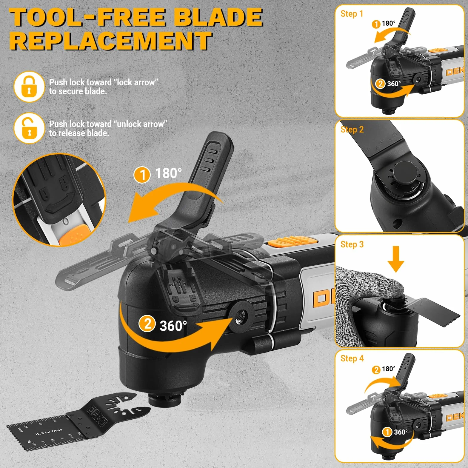 DEKOPRO Herramienta Multiherramienta oscilante de 300W, 15 000-22 000 rpm, Multitool Eléctrico con Cable, Control de 6 Velocidades, Incluye 20 Hojas de Lija, Apto para Madera, Plástico y Metal