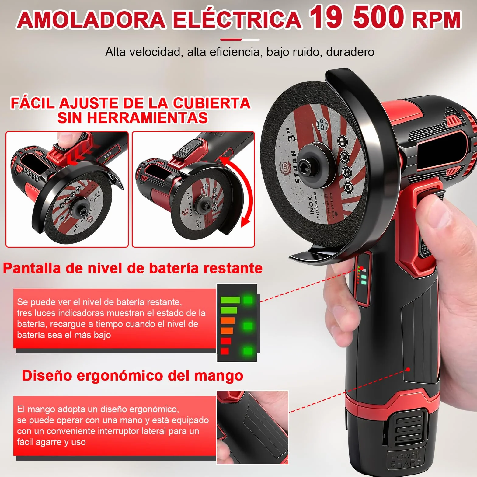 Mini Amoladora Angular Bateria, 19500rpm 76mm Mini Radial Bateria Con 2 Baterías 1300mAh 12V Y Discos Para Cortar Y Pulir, PequeñA Amoladora Inalambrica Para Esmerilar, Pulir, Cortar