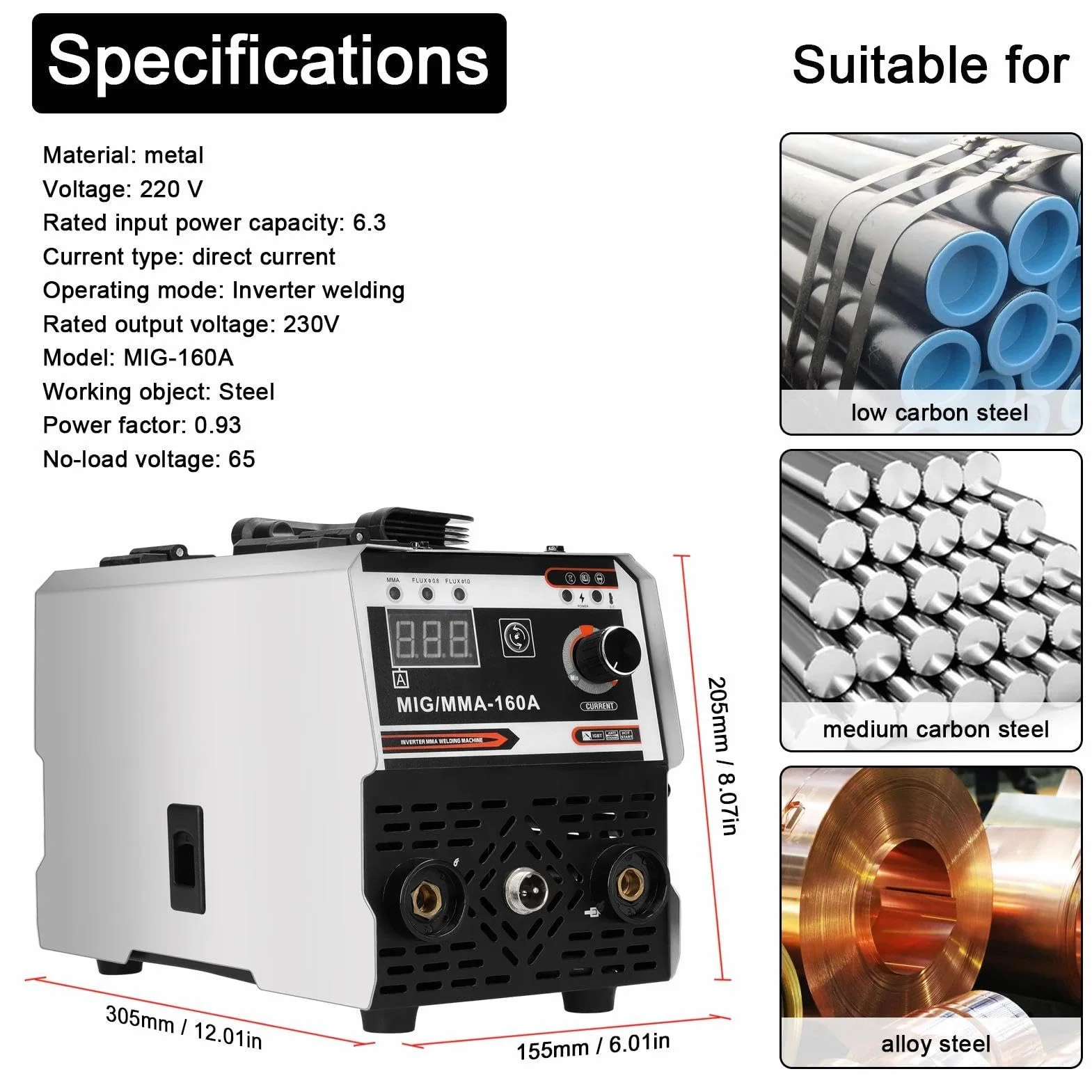 Soldadora de 160A de alambre de relleno, soldadora de electrodos 2 en 1 (MIG/MMA), soldadura de contacto con avance automático de alambre, soldadora de arco de gas, soldadora compacta de IGBT inversor