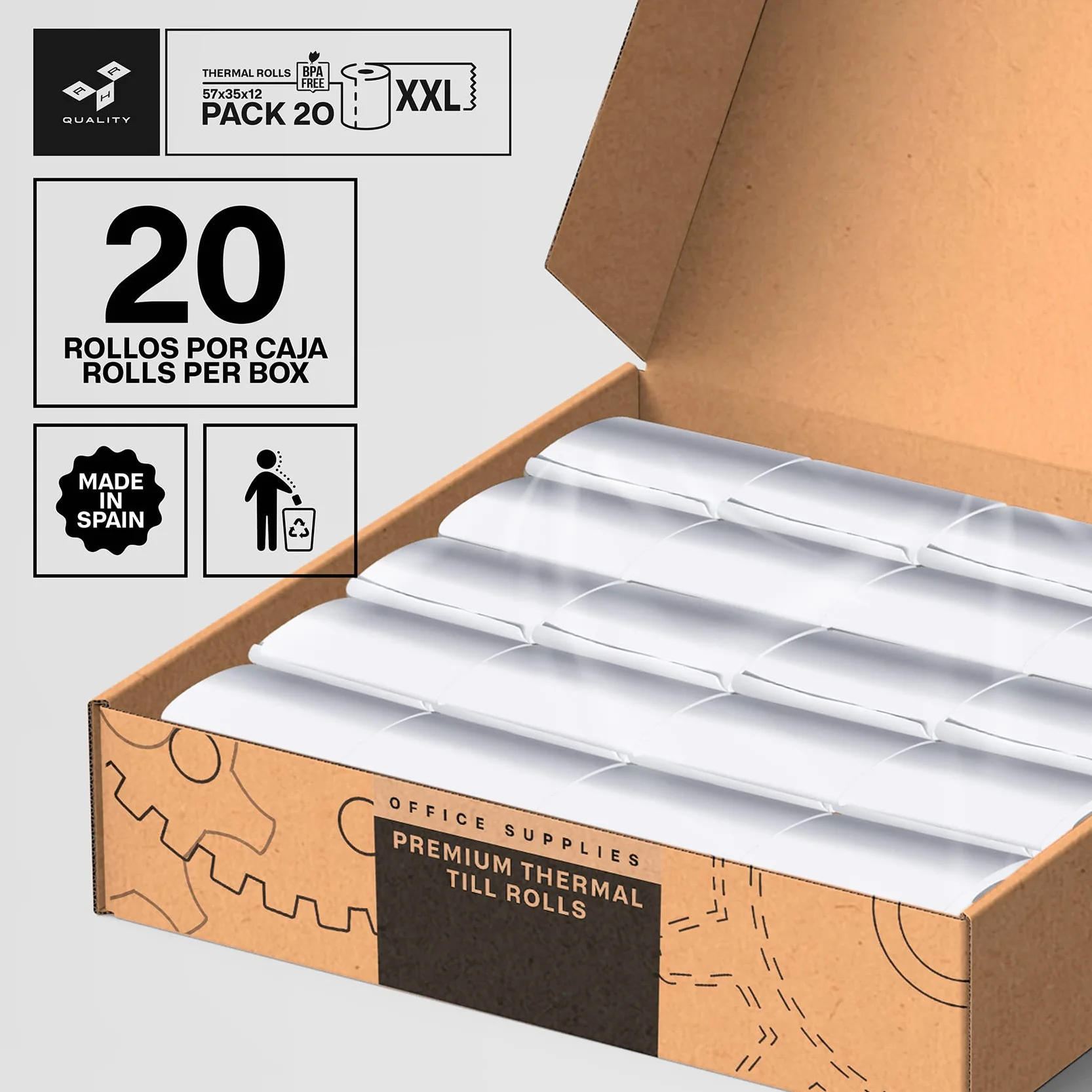 Rollos de Papel Térmico Blanco 57x35x12 mm Para TPV Sin BPA - Papel Termico 57mm - Papel Datáfono de Alta Durabilidad (20)