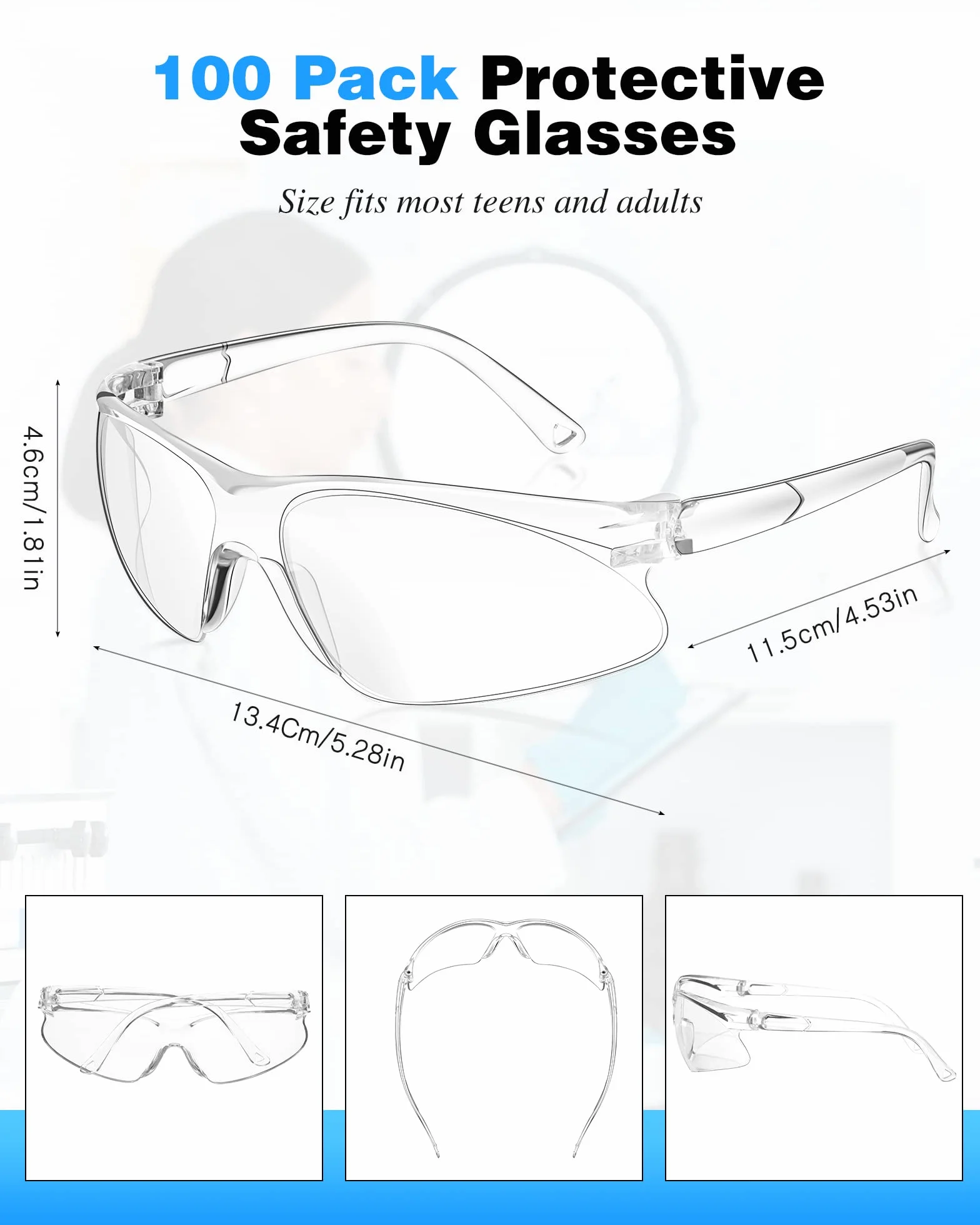 Xuhal 100 pares de gafas protectoras de seguridad, ANSI Z87.1, transparentes, de policarbonato, resistentes a los arañazos, envolventes, antivaho, para mujeres y hombres, ligeras, protección UV