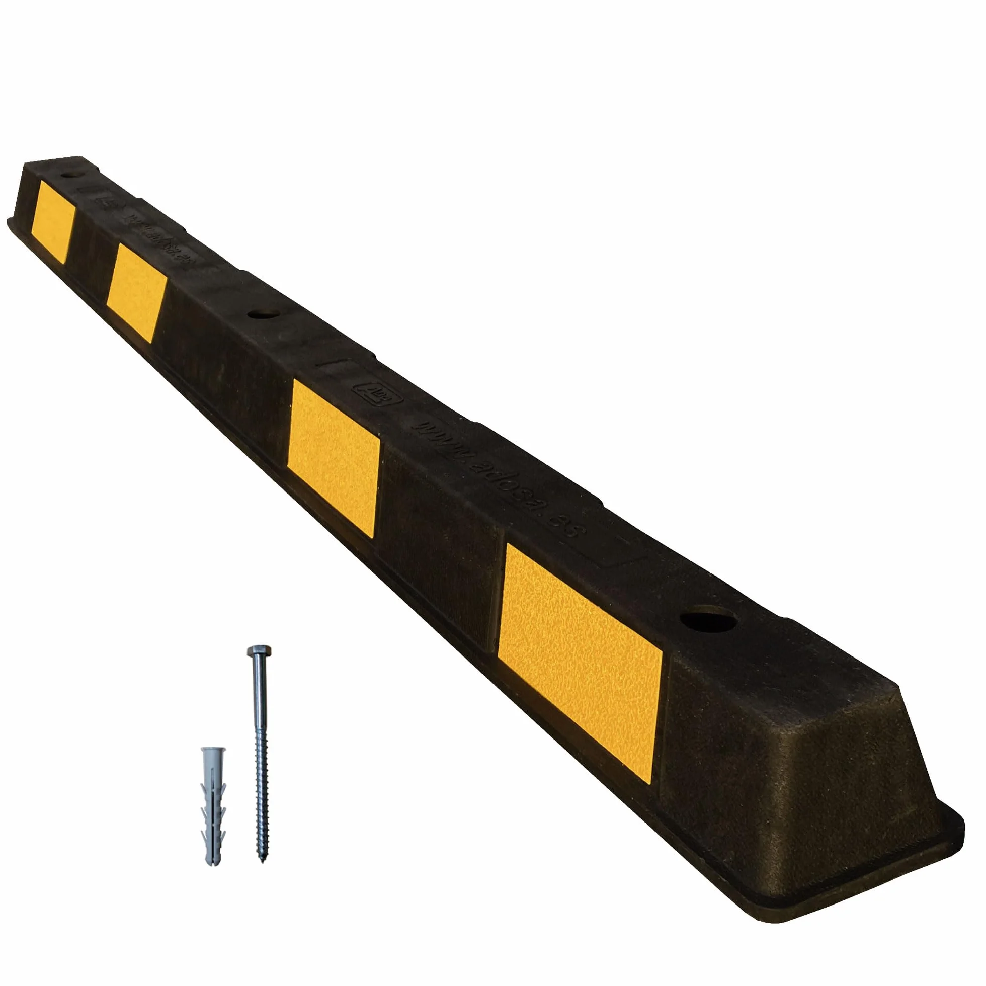 ADO - Tope de rueda para aparcamiento 1800x150x100mm goma pvc negro con bandas amarillas reflectoras, para mayor visibilidad. Topes para delimitar el espacio. Tornillería incluida (Tope + tornillería)