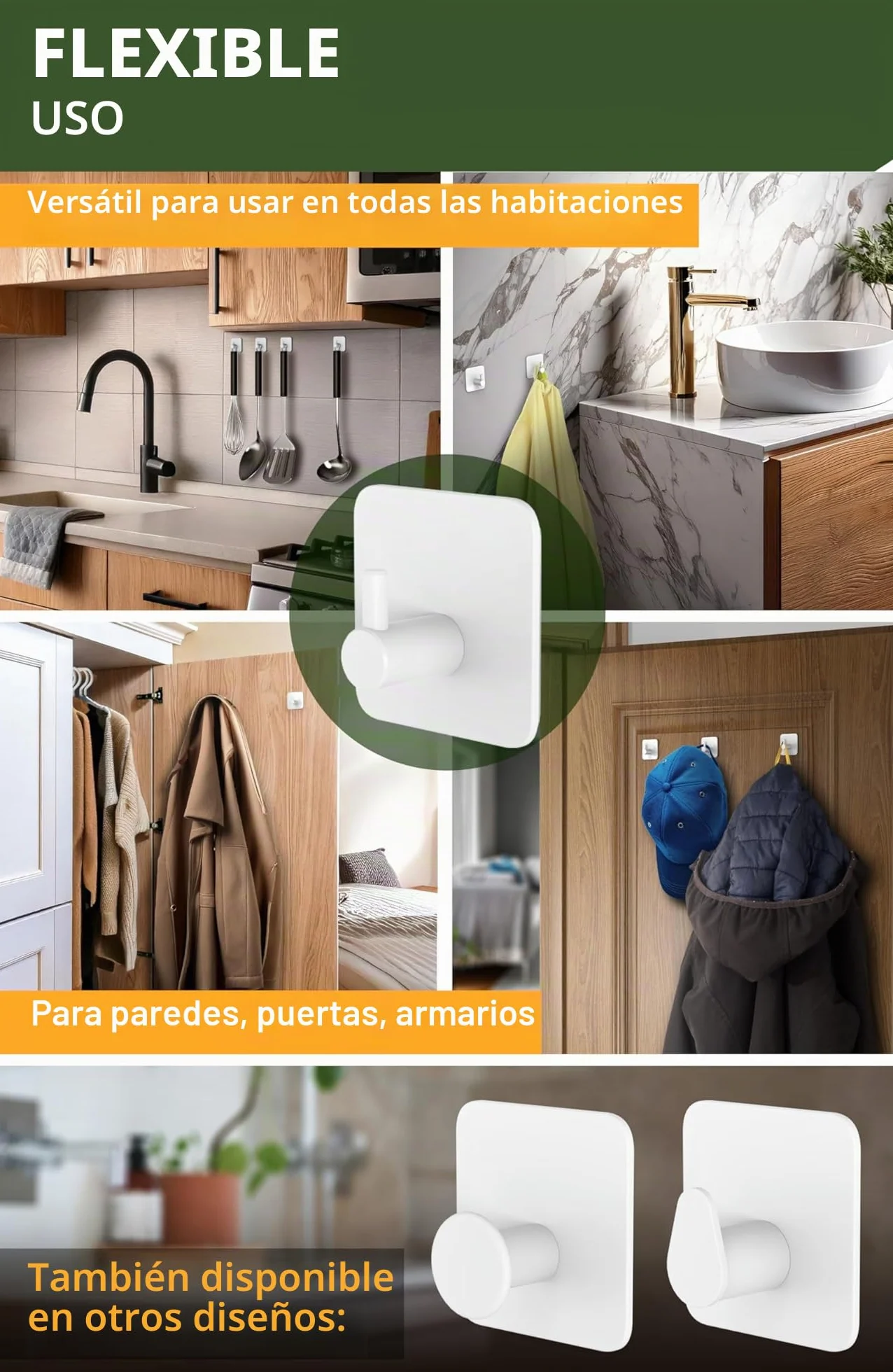 4smile ganchos adhesivos para pared - 6 piezas, Inoxidable - colgador toalla baño - toalleros sin taladro autoadhesivos resistentes, perchas para baño cocina, Blanco