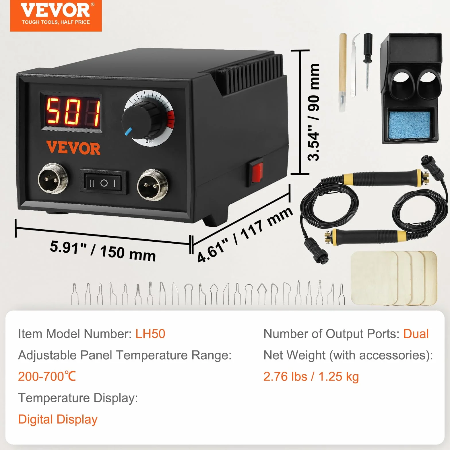 VEVOR Kit de Pirograbado de Madera 200~700°C Máquina de Pirograbado Profesional Ajustable Pantalla Digital con 2 Puertos 2 Bolígrafos 23 Puntas de Alambre de Metal para Madera, Cuero, Corcho, Calabaza