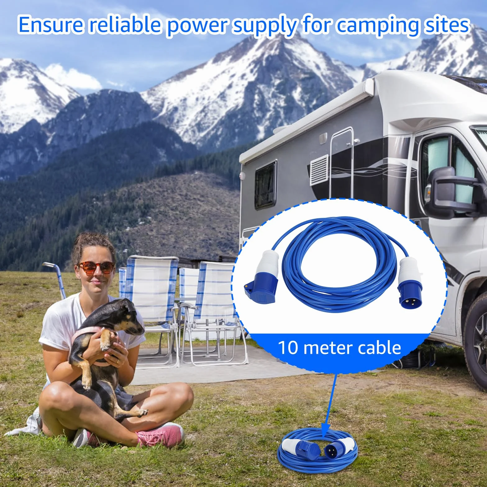 Cable de extensión CEE de 10 m, 230 V, 16 A, ultra seguro, robusto, cable de caravana, cable de camping H07BQ-F en color de señal azul, IP44, cable de alimentación para autocaravana, camping, camping