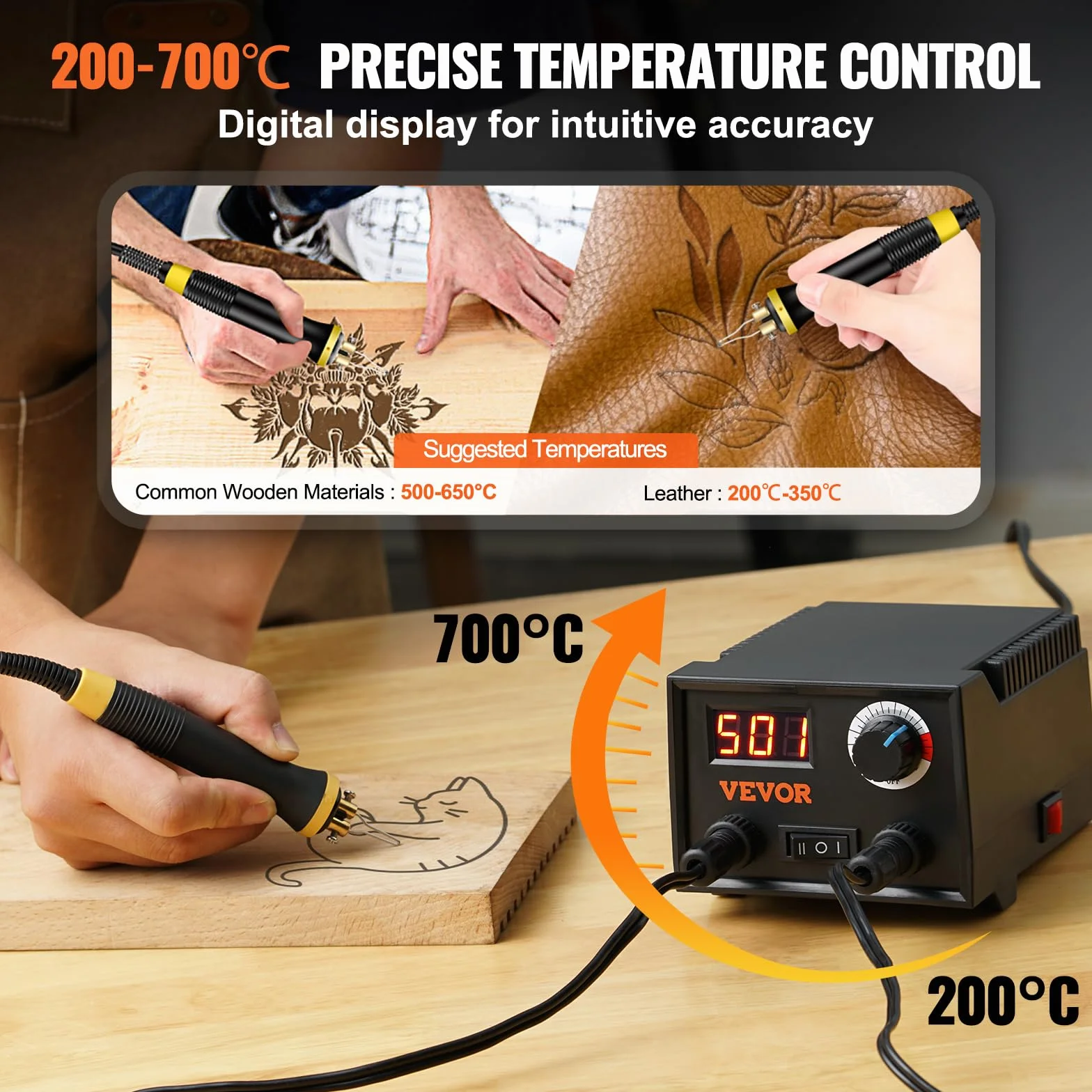 VEVOR Kit de Pirograbado de Madera 200~700°C Máquina de Pirograbado Profesional Ajustable Pantalla Digital con 2 Puertos 2 Bolígrafos 23 Puntas de Alambre de Metal para Madera, Cuero, Corcho, Calabaza