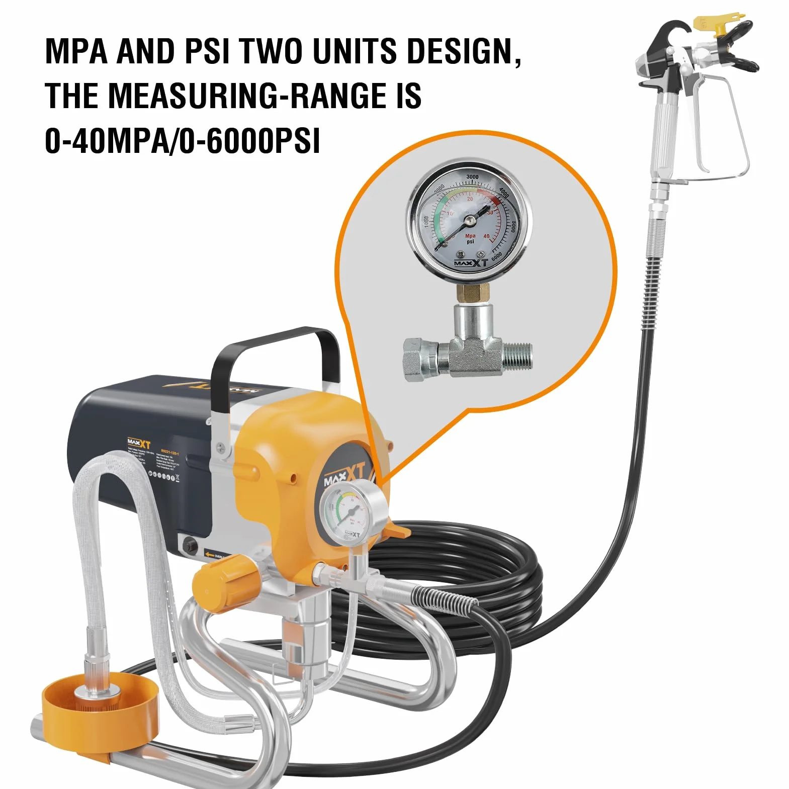 MAXXT Airless Pulverizador de Pintura 1200W Alta presión, Presión Ajustable-medidor de presión, máxima 226 Bar(3300 PSI), |110 m²-20 min|1.6L/MIN, Manguera 7,5 m, para proyectos Grandes/Parede/Techo