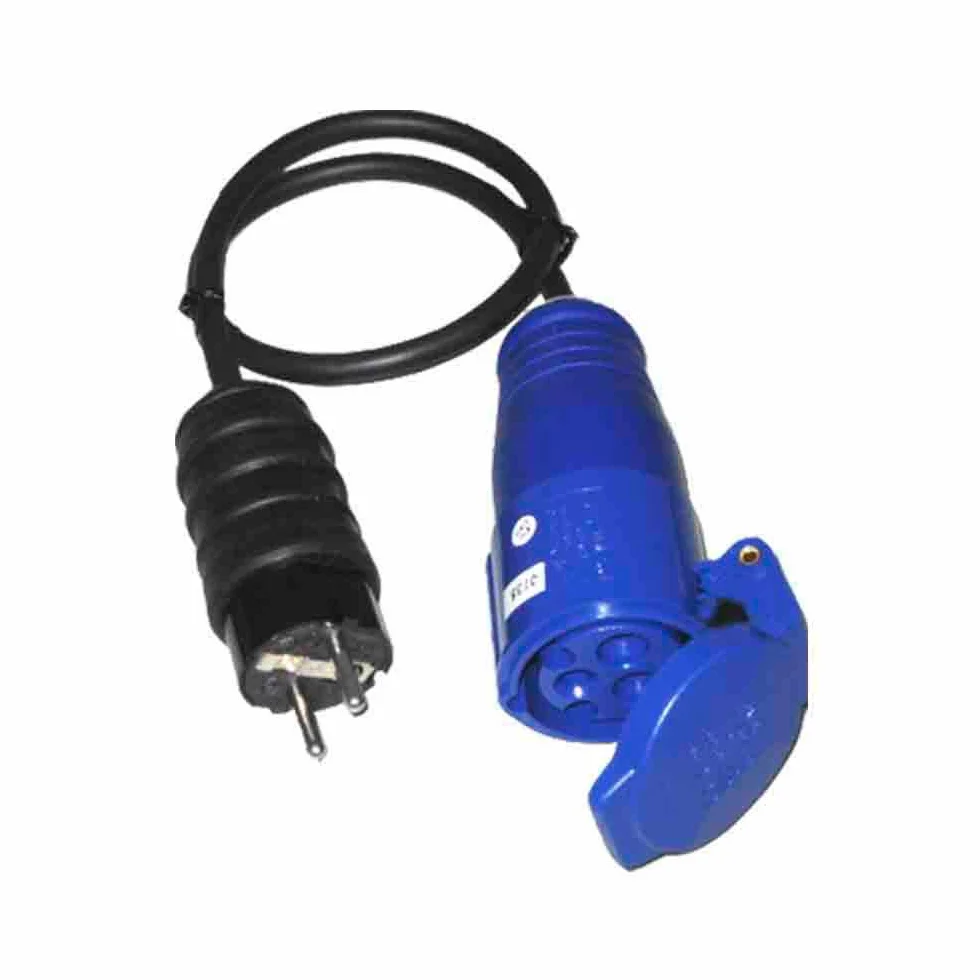 Base eléctrica 16A 230V 3500W con cable y clavija, ideal para conectar dispositivos de alta potencia.