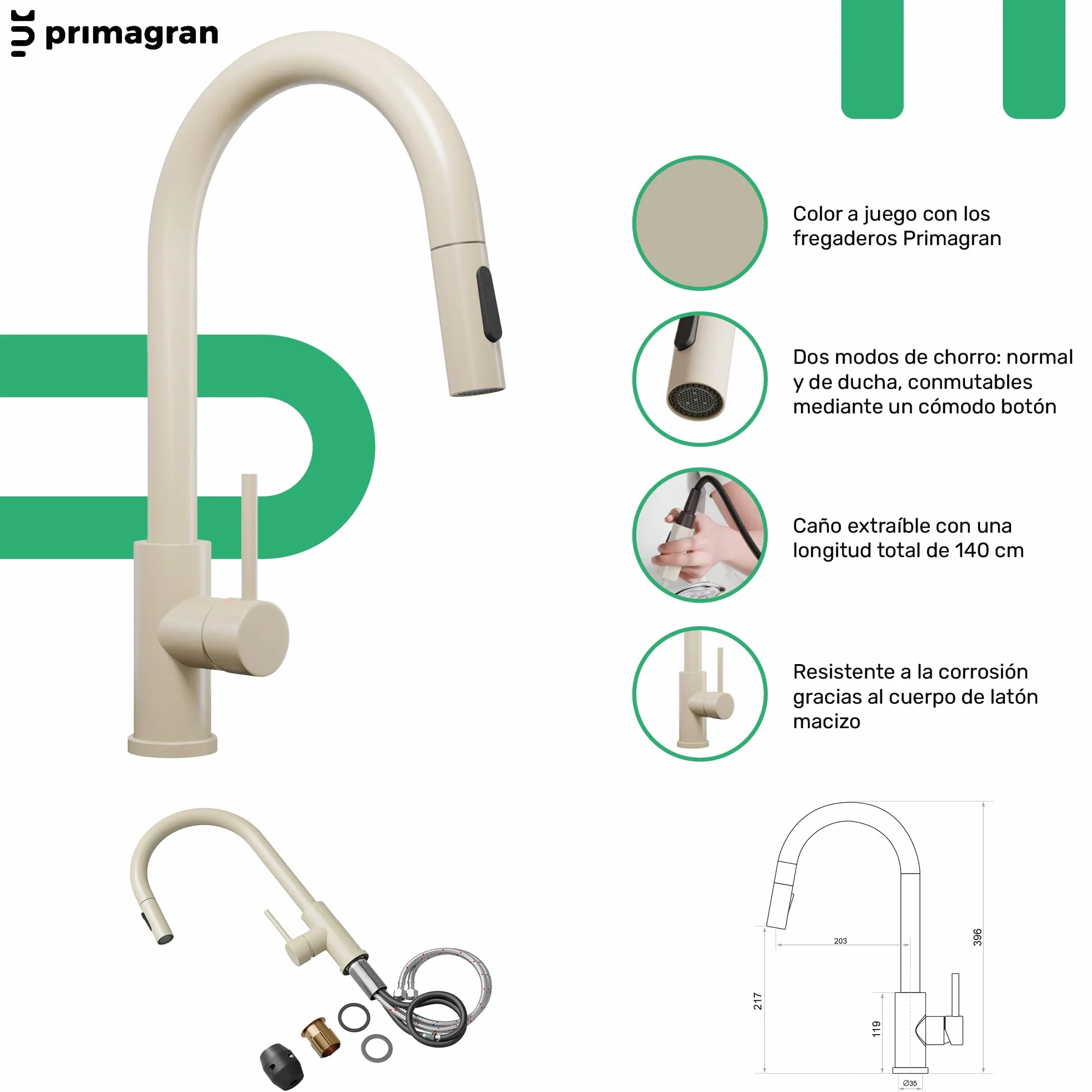 PRIMAGRAN Fregadero Granito Todo Beige 58x50cm, Cocina 1 Seno + Grifo 40x20cm + Sifón, Sobre Encimera al Mueble 60cm - Riga S330