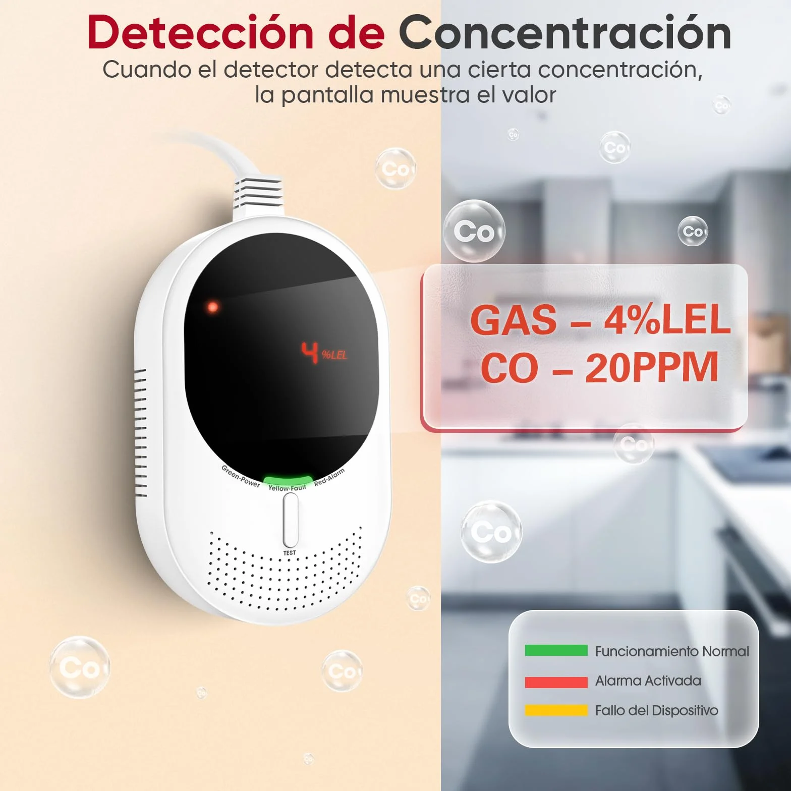 PHYSEN Detector de Gas y Monóxido de Carbono WiFi con Pantalla LED, Certificado EN 50291/EN 50194, Compatible con Alexa/Google Home