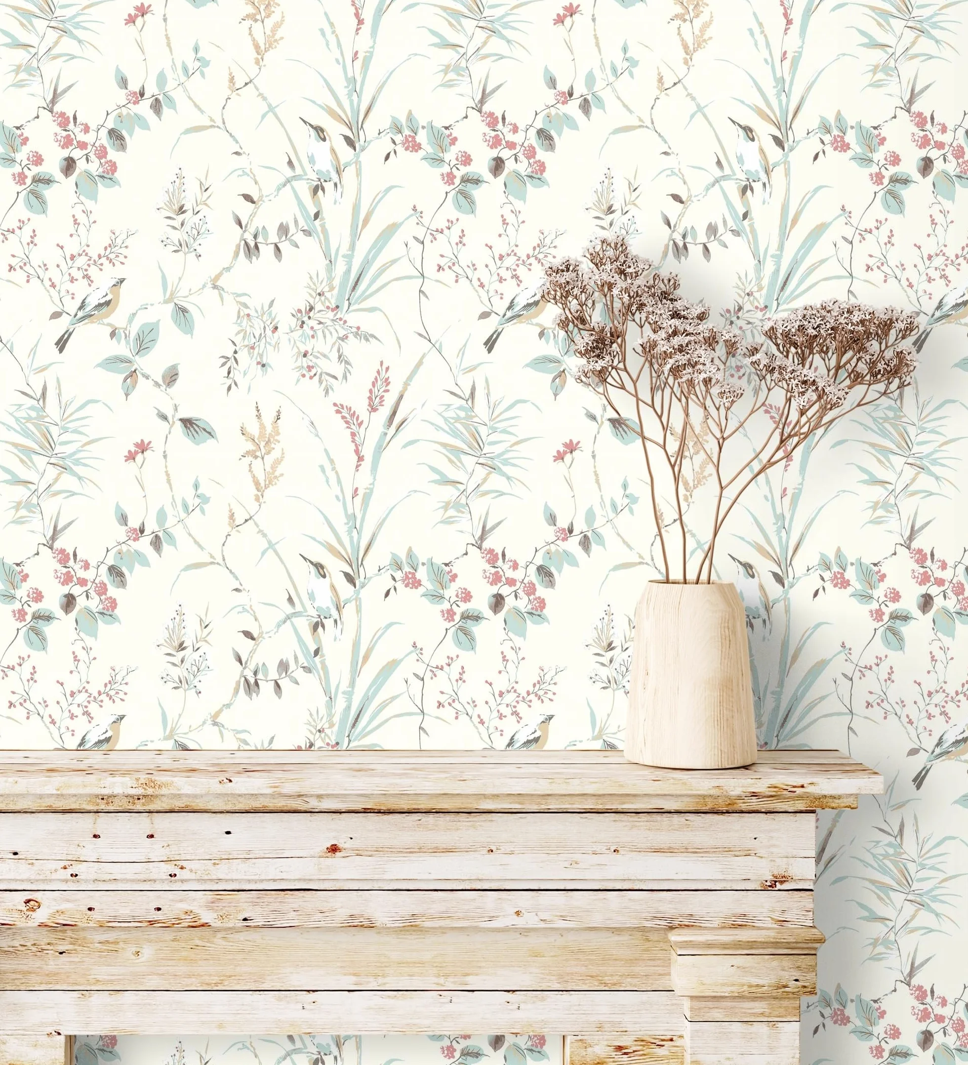 GAULAN 681950 - Papel pintado de ramas flores y pájaros estilo romántico para pared salón dormitorio pasillo comedor - Rollo de 10 m x 0,53 m