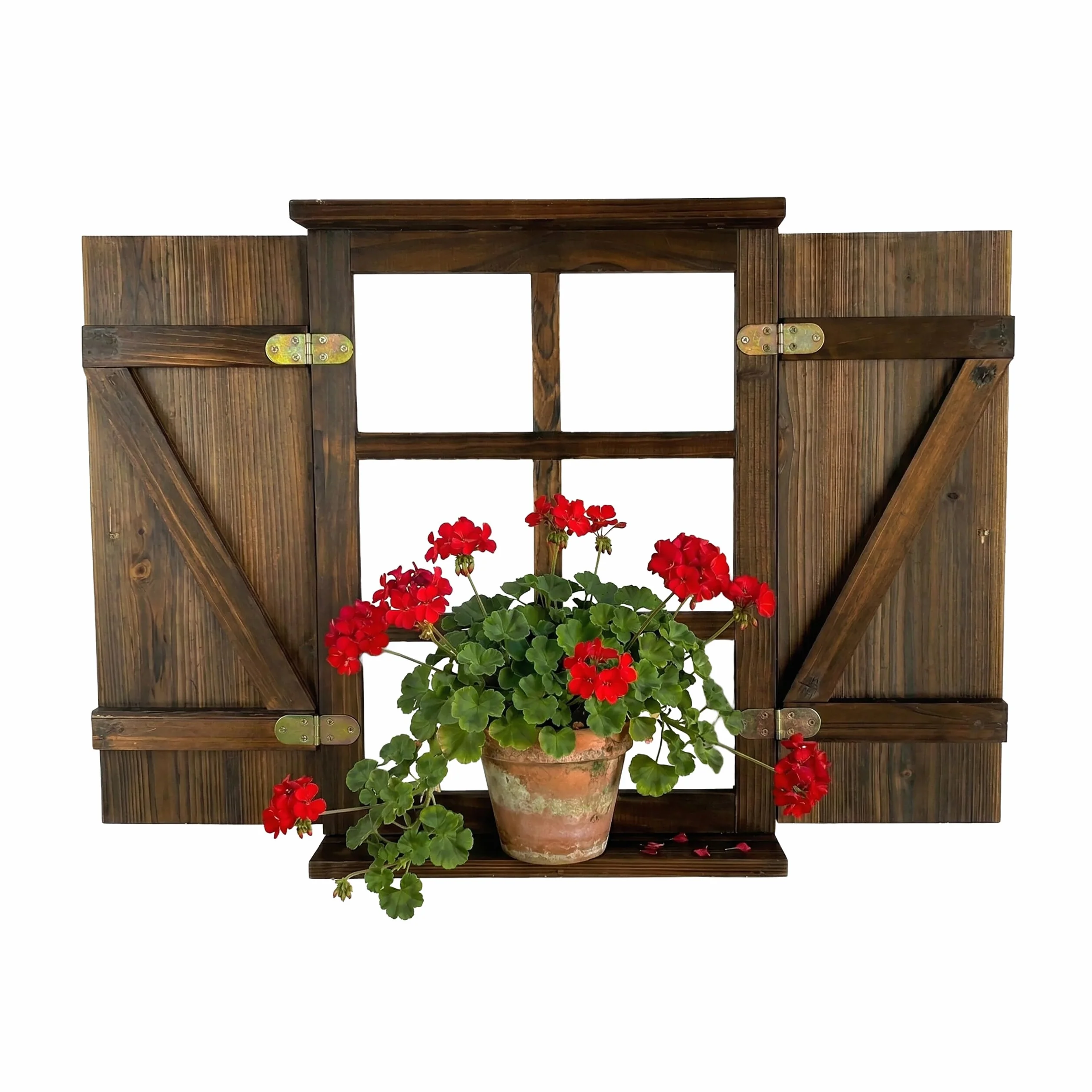 Relaxdays Ventana Decorativa rústica con contraventanas, Madera carbonizada, repisa, 63 x 45 cm, marrón