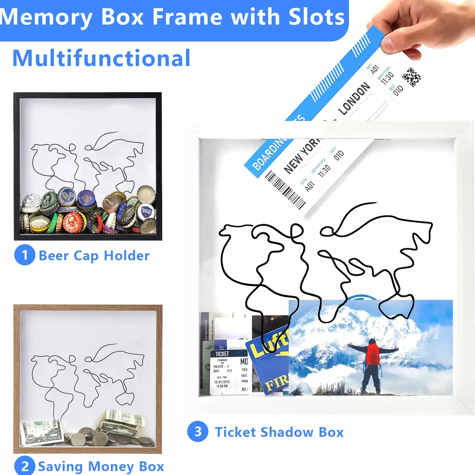Shadow Box Frame 20x20cm Adventure Archive Box Wooden Memory Box Blanco