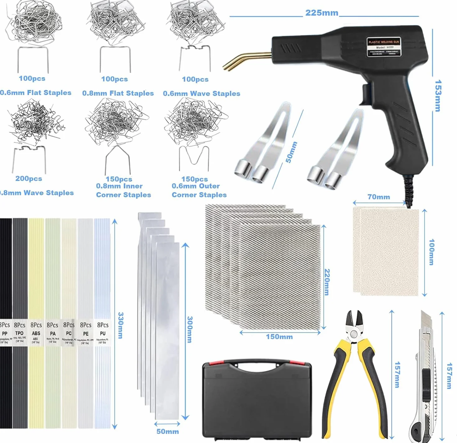 220 W Soldador de plástico, 800 peças grampos, 2 em 1 máquina de soldadura de plástico para reparação de para-choques de carro, soldador com 56 peças varetas de soldagem para reparação de peças(negro)