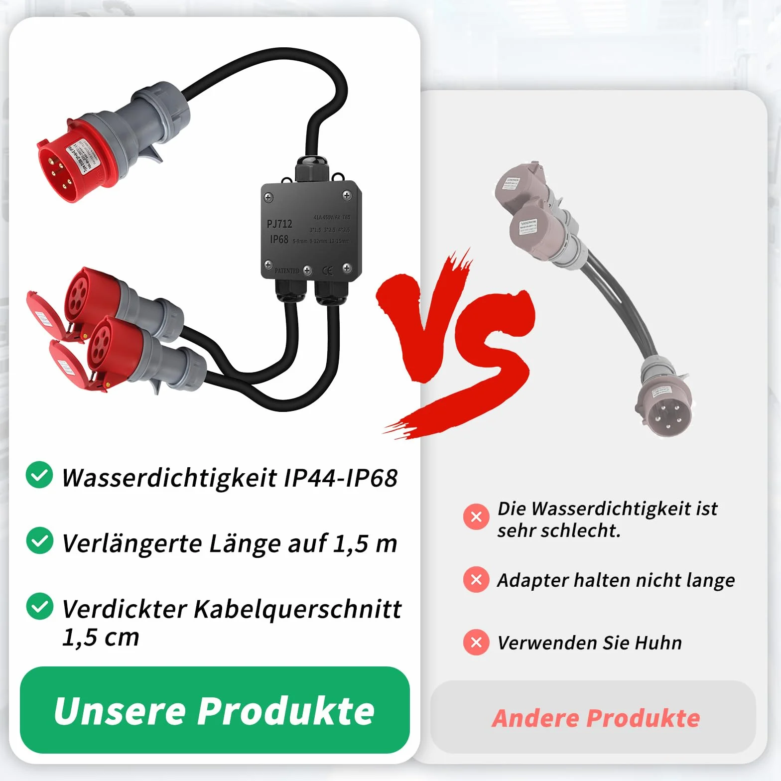 Adaptador CEE de alta tensión de 32 A a 16 A, 2 enchufes CEE de 230 V, 16 A y 5 polos, cable alargador IP44-68, distribuidor alta tensión para camping, exteriores, industria, obras y talleres - 1,5 m