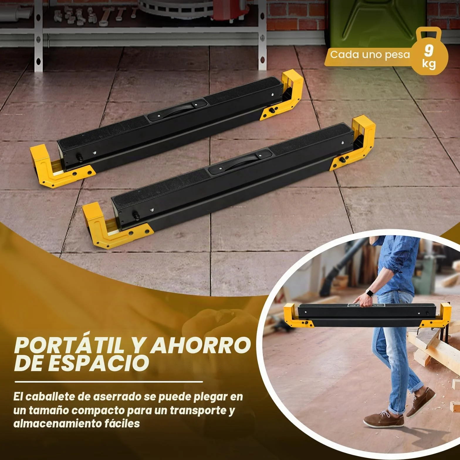 GOPLUS Juego de 2 caballetes de sierra plegables, caballetes de sierra de acero con 9 niveles de altura ajustable, asas de transporte, pie antideslizante, carga 1180 kg para garaje, casa (Amarillo+