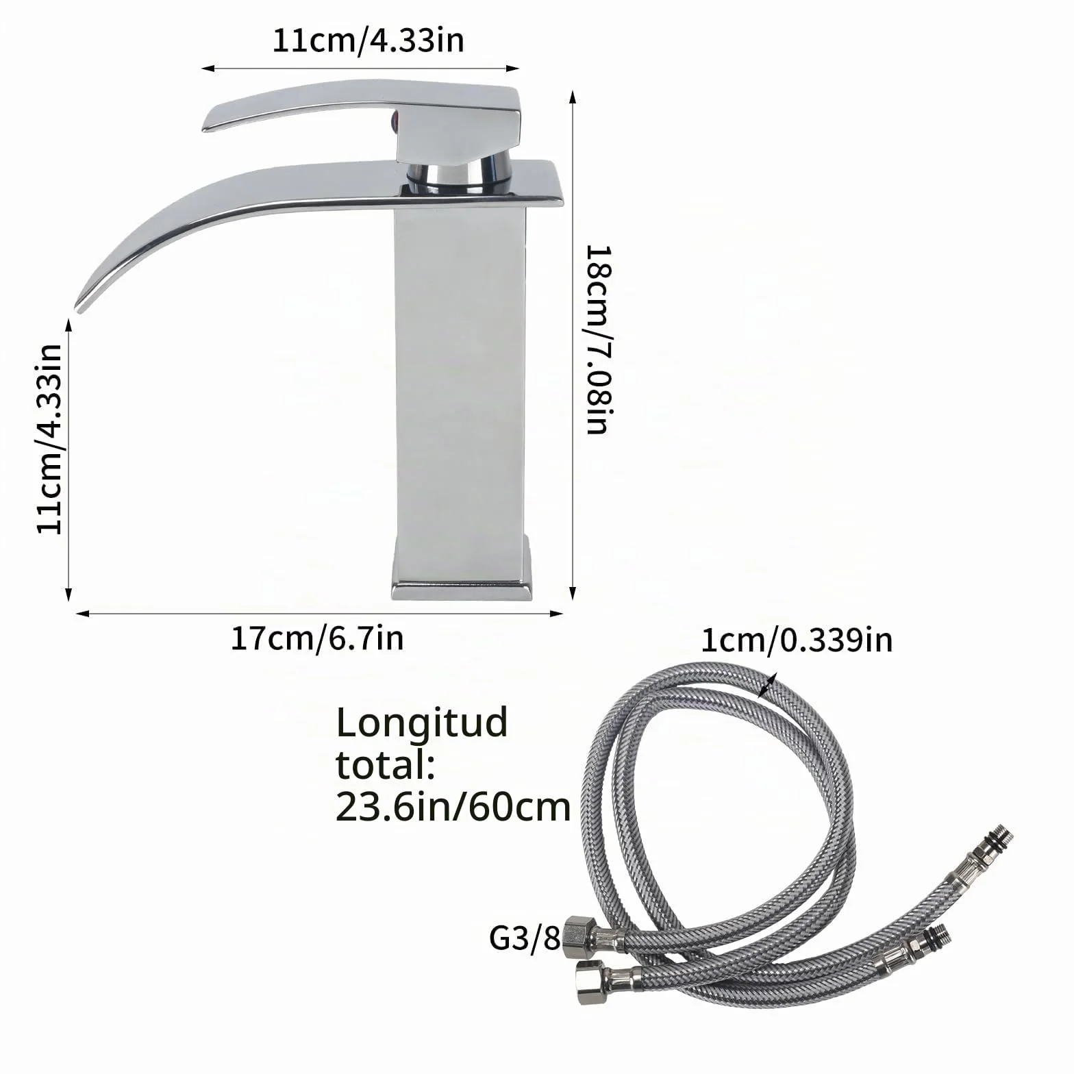 Grifo Lavabo Cascada Grifo de Lavabo Baño Grifos para Lavabos de Baño Grifo Monomando Lavabo con Altura de Pico de 110 MM Grifo Cascada con manguera de Salida Caliente y Fría Plateados(Cromo)