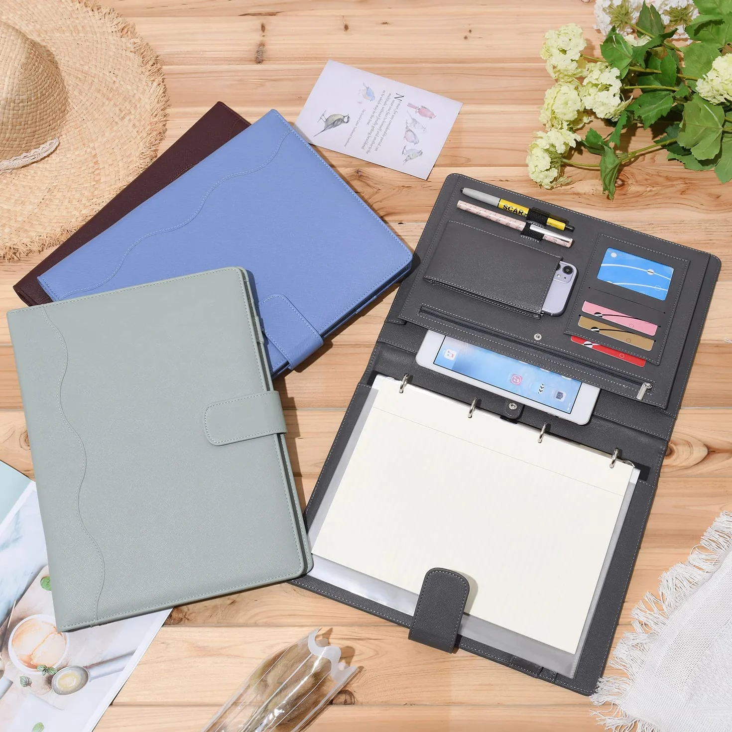 Wonderpool A4 PU Cuero 4 Anillos Carpeta Organizador con Portapapeles Extraíble y Bolsillo Funcional (Verde)