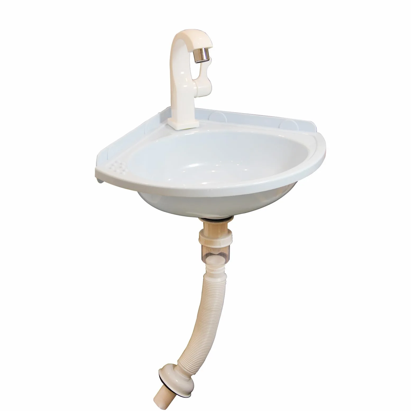 Lavabo de esquina para montaje en pared, 27,5 x 27,5 x 10 cm, plástico, blanco, con desagüe