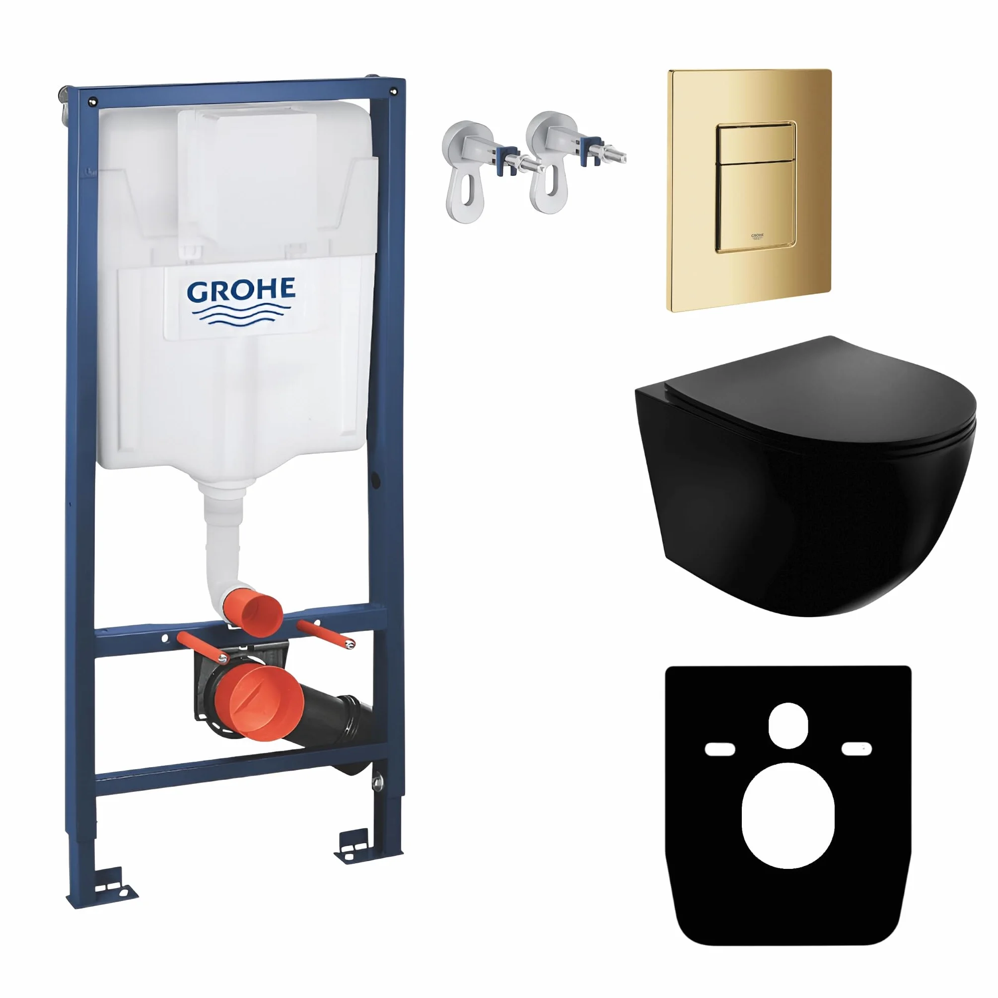 LAVITA | Elemento de pared Solido + pared colgante de inodoro Sinto negro sin borde + asiento de inodoro SoftClose | Botón dorado | Juego completo | cisterna empotrada | inodoro completo