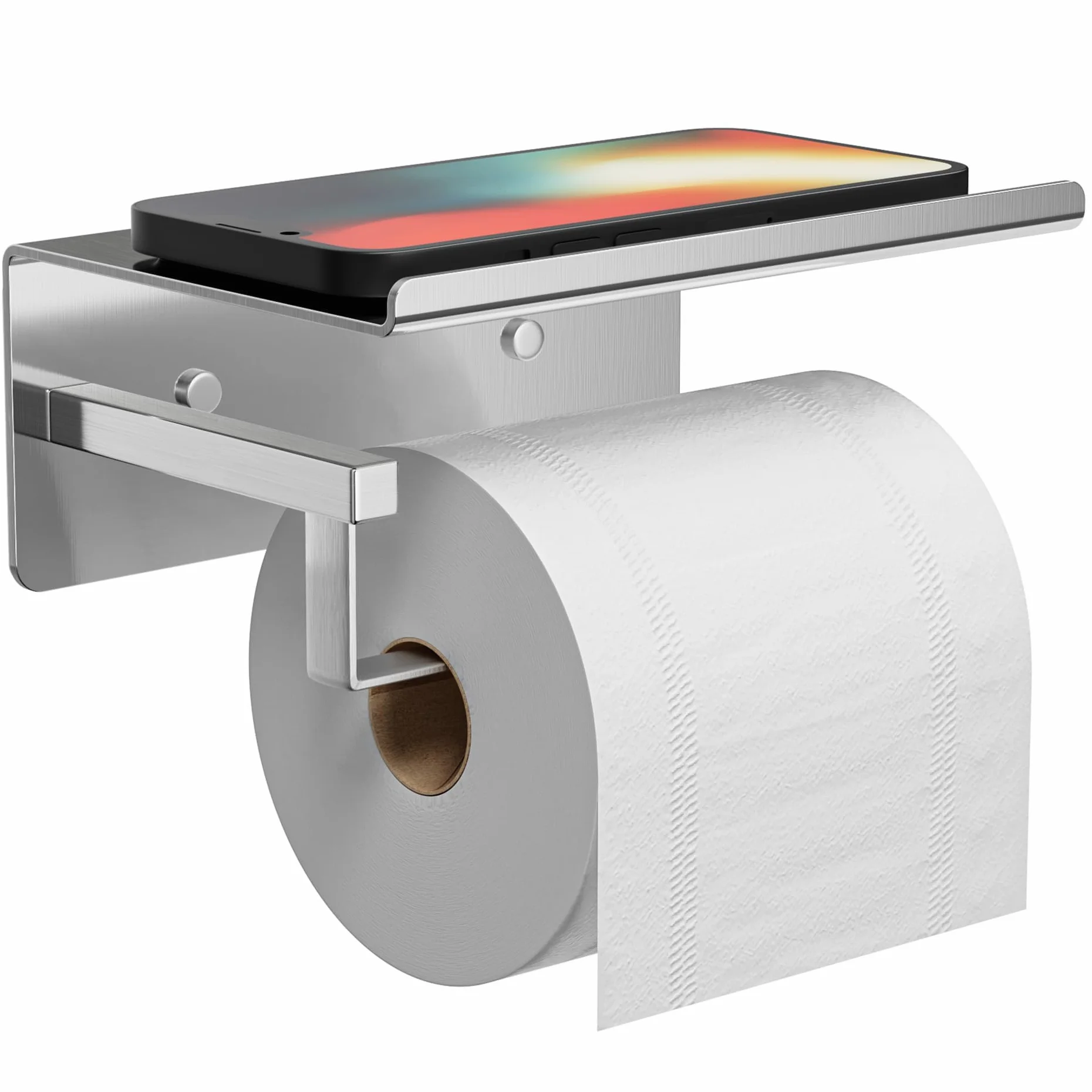 susswiff Soporte para papel higiénico con estante cromado – Soporte para rollos de papel higiénico, autoadhesivo, sin taladrar, soporte de papel higiénico para baño, acero inoxidable, plateado