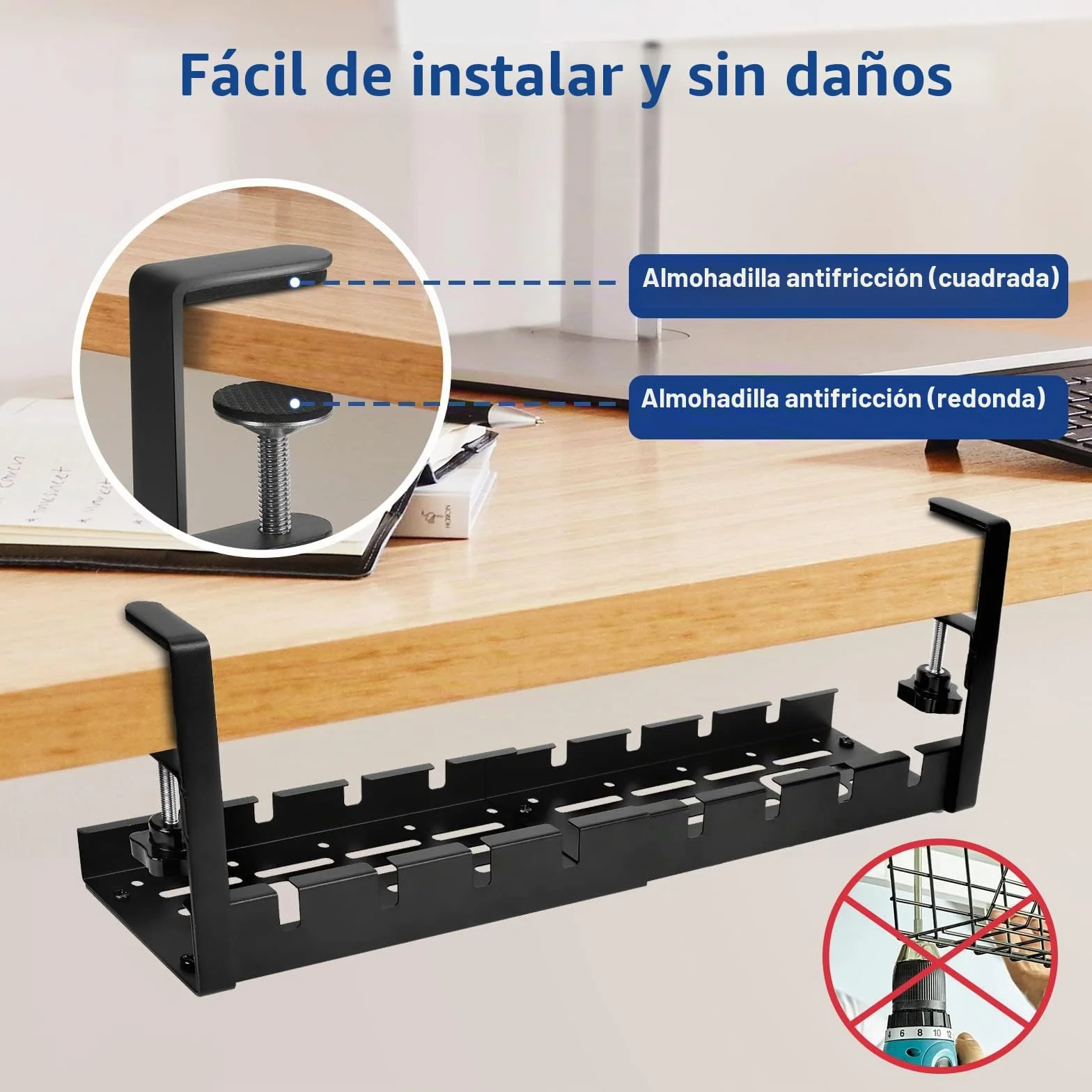 WADEO Estante de gestión de Cables Debajo del Escritorio 28-52 cm Organizador de Cables Extensible y Ajustable Sin taladrar Estante de gestión de Cables Juego de gestión de Cables con 148 Accesorios