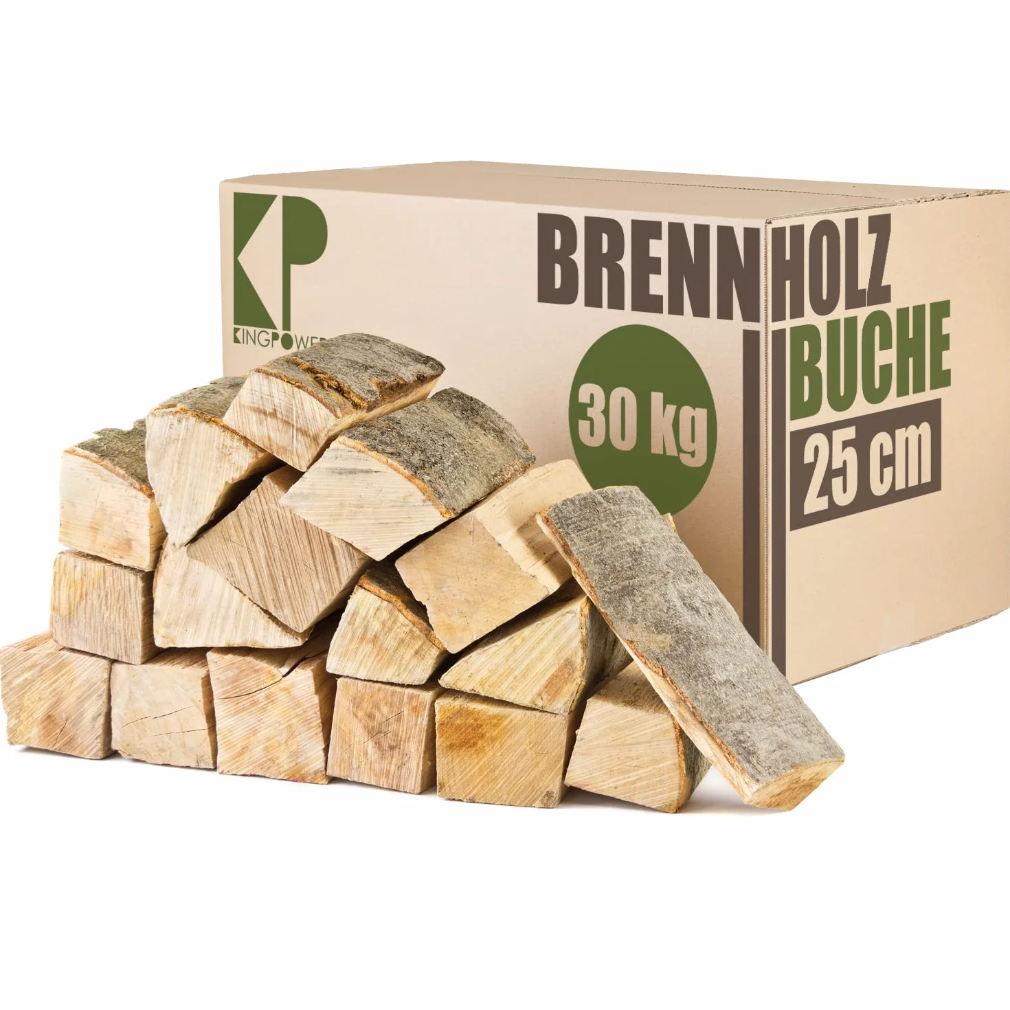 Leña Madera 25 cm para Estufa y Chimenea Brasero Parrilla Cesta de Fuego Troncos de Madera de Haya 30, 60 o 90 kg Kingpower, Cantidad:30 kg