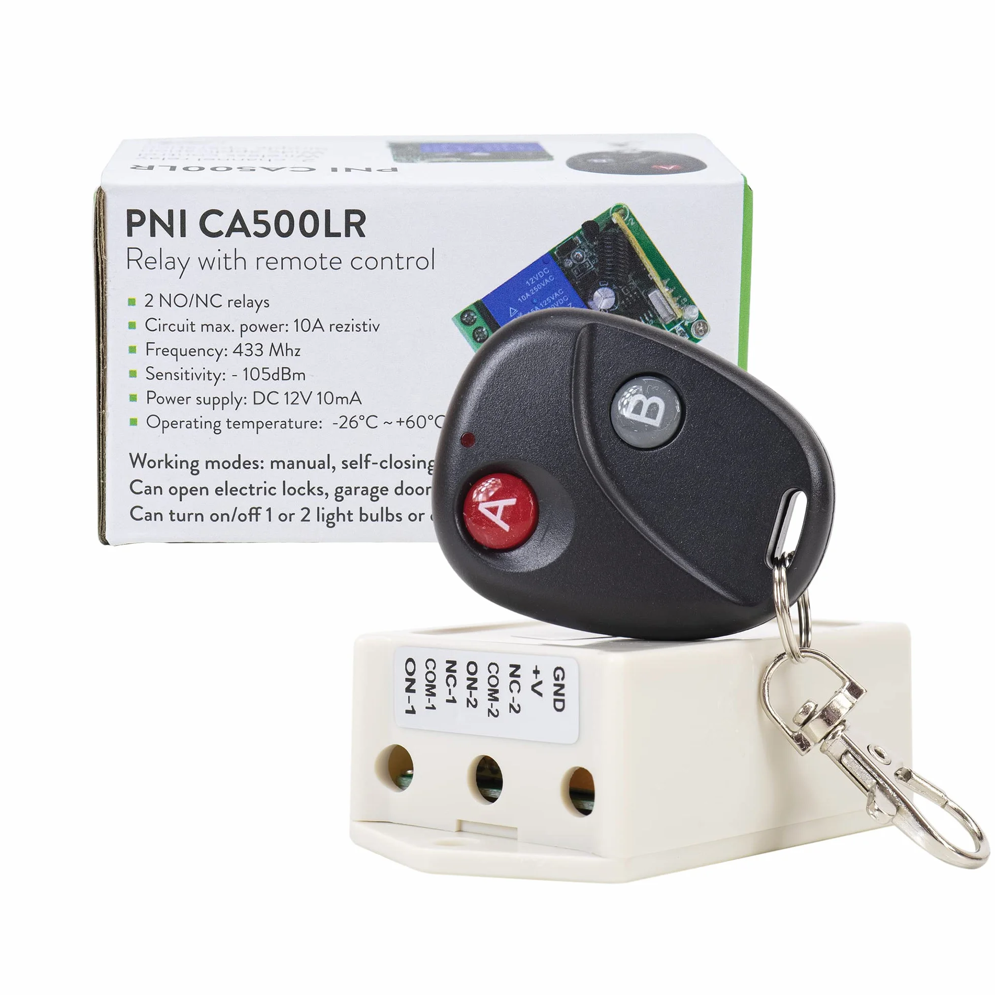 Relé con mando a distancia PNI CA500LR para controlar 1 o 2 puertas de garaje, cancelas, barreras, 2 relés, alimentación 12V