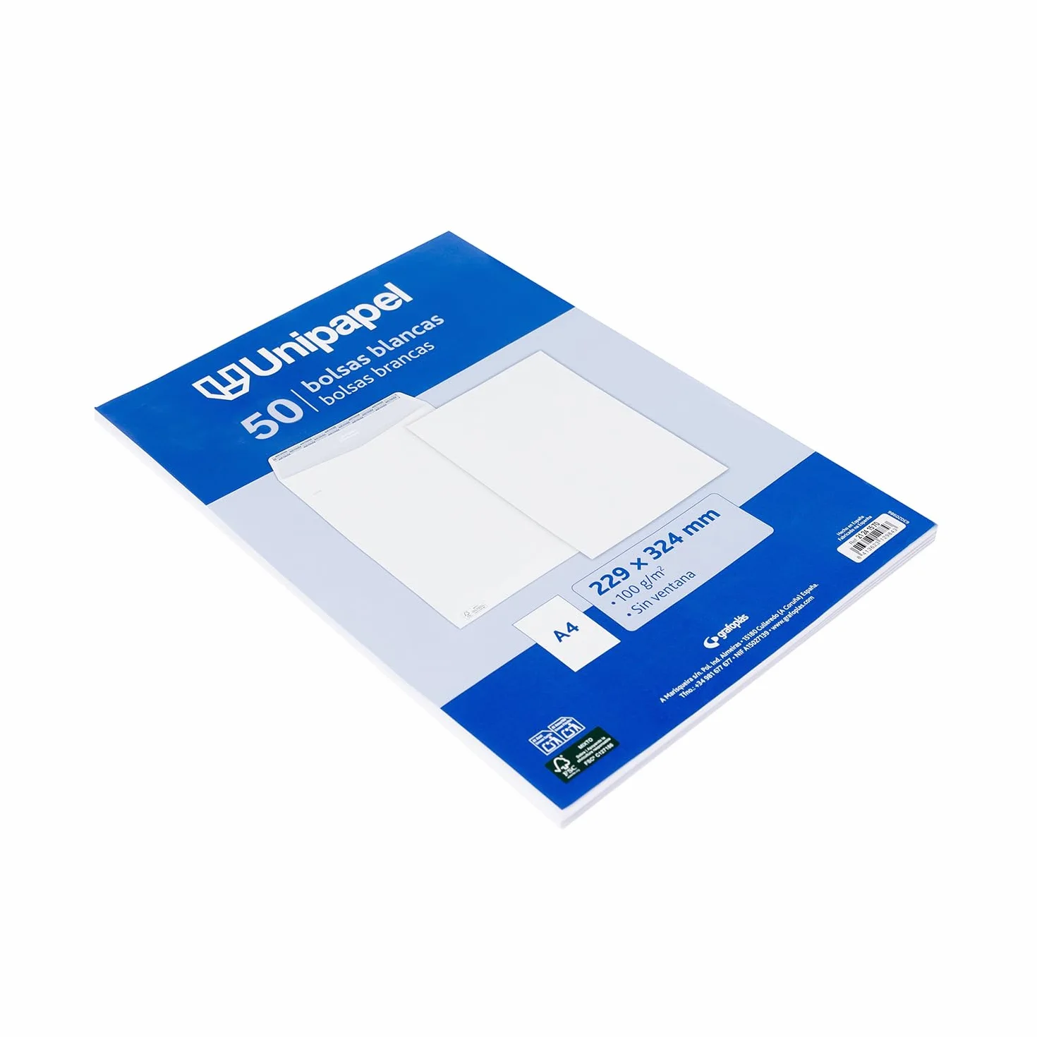 Unipapel - Sobres Papel Blancos 100g, 229x324mm, 50 Unidades, Tipo Bolsa, Tira Autoadhesiva Silicona Autodesk, Apertura Superior, FSC, Documentos A4 Sin Pliegues