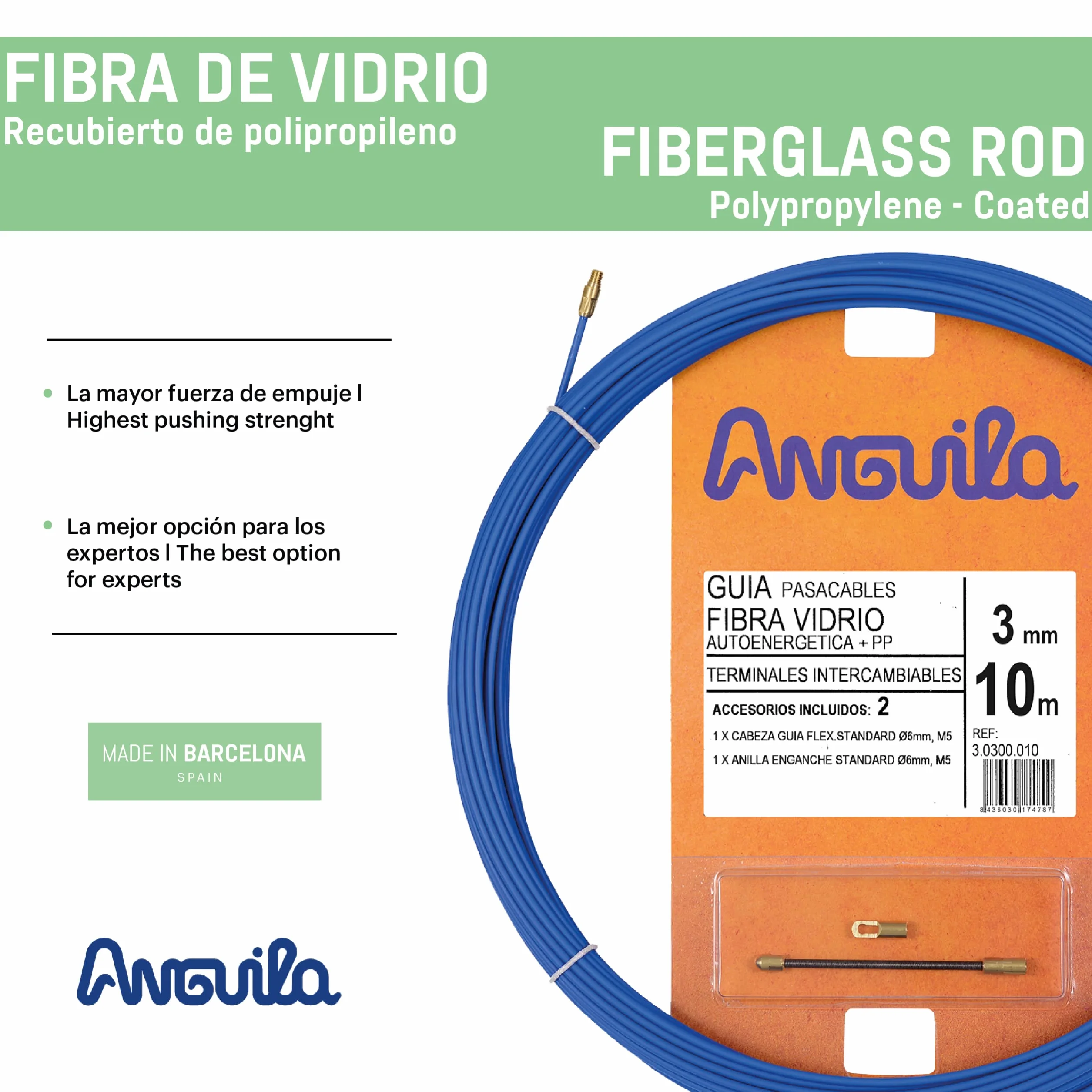 Anguila | Guía Pasacables | Fibra de Vidrio Reforzada + Propileno | Terminales Intercambiables | Color Azul | Diámetro 3mm | 10 Metros