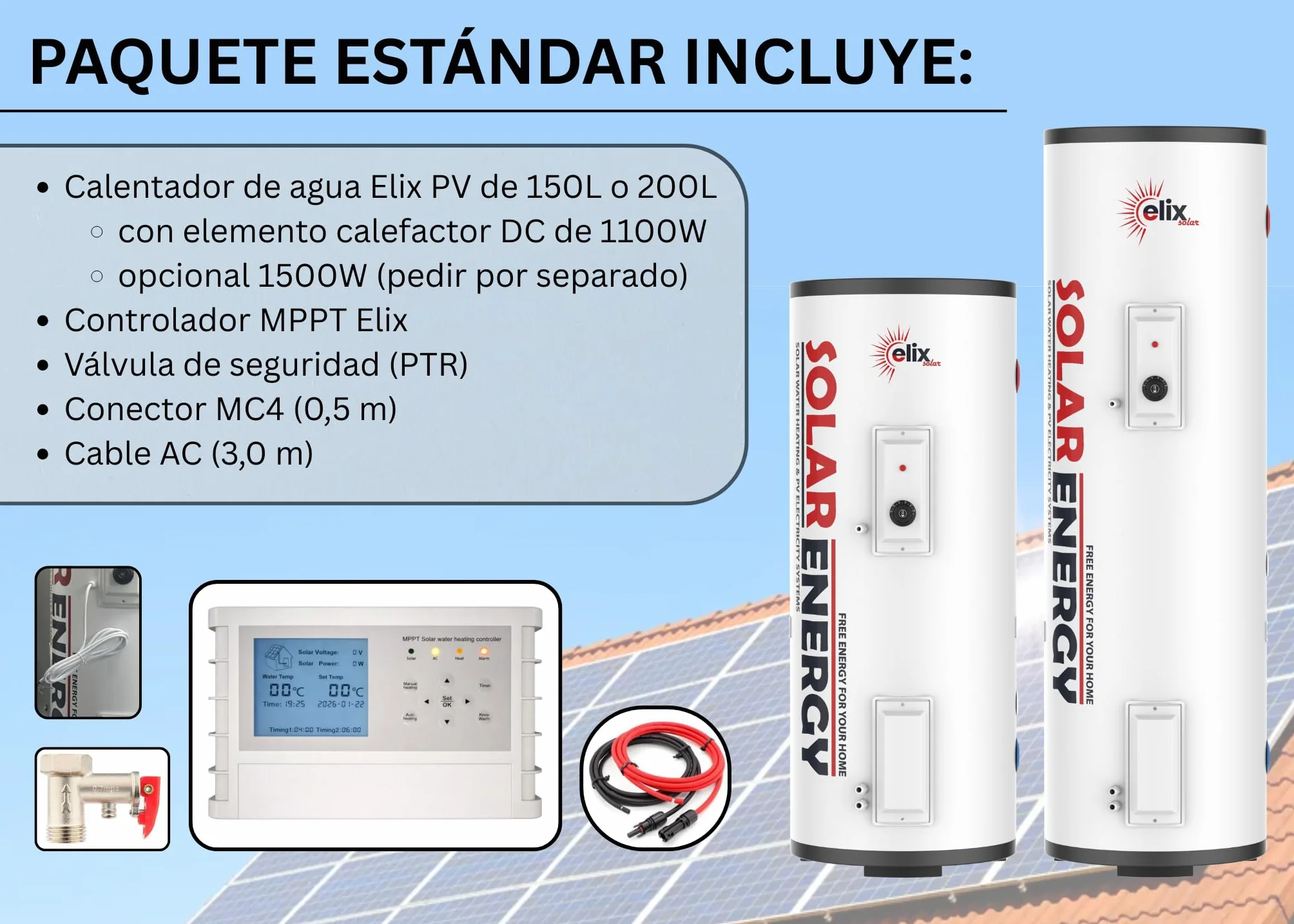 Calentador de Agua Solar Elix PV Termo Eléctrico con MPPT, 200L, DC1500W